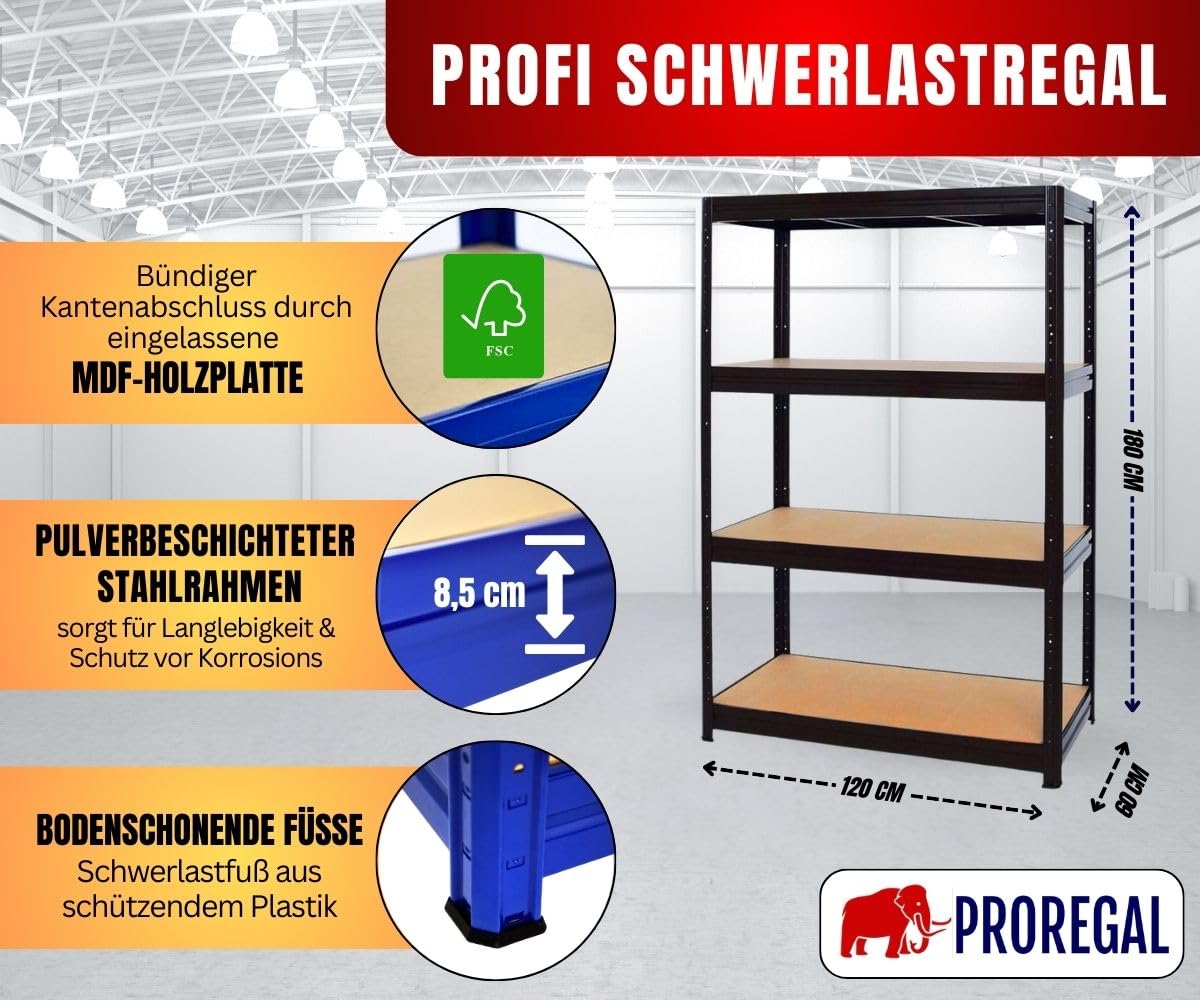 PROREGAL Étagère Charge Lourde Rhino | HxLxP 180x200x60cm | 4