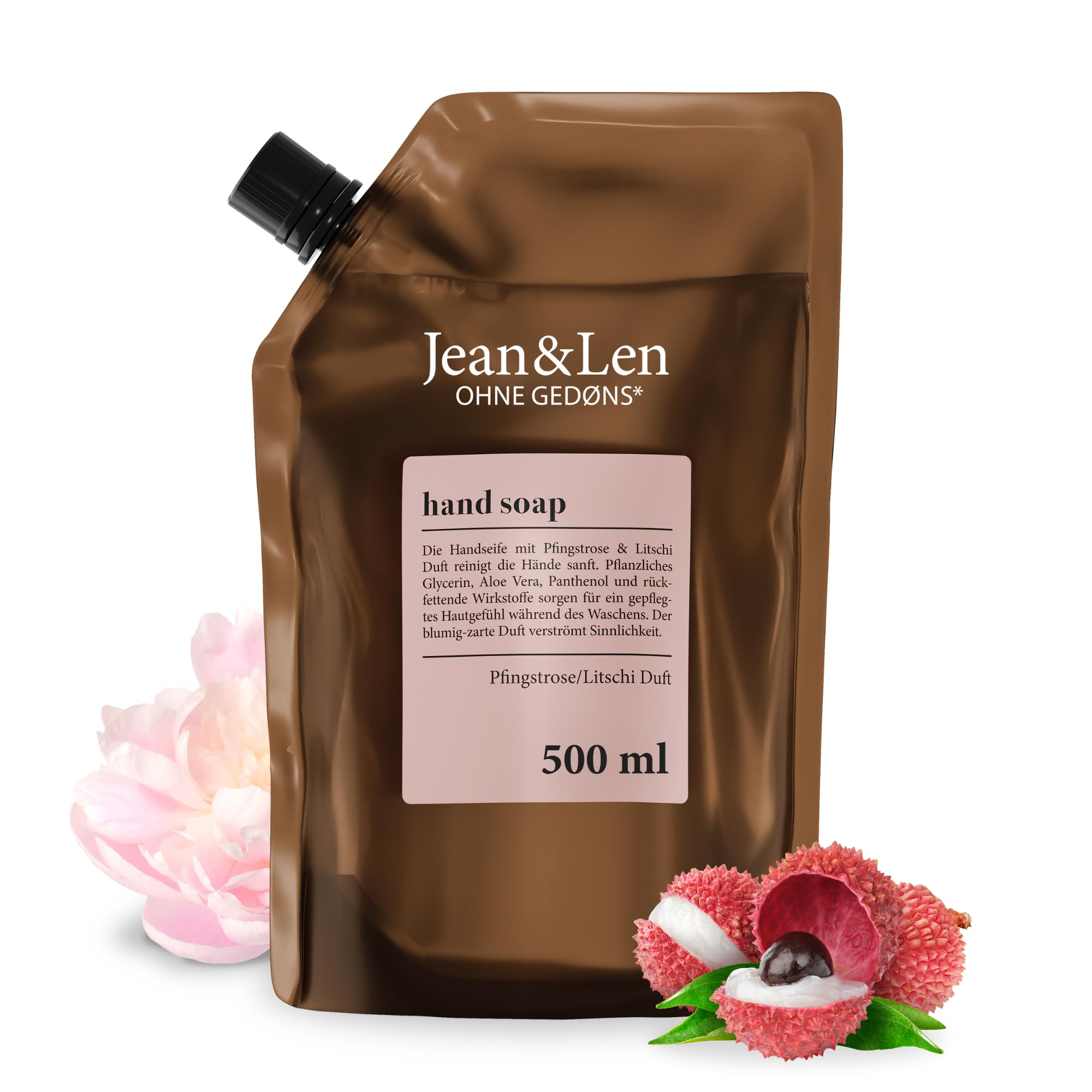 Jean & Len Hand & Body Wash Pfingstrose & Litschi, reinigt und pflegt die Haut beim Waschen, blumig-zarter Duft, Flüssigseife im Nachfüllpack, ohne Parabene & Silikone, vegan, 500 ml