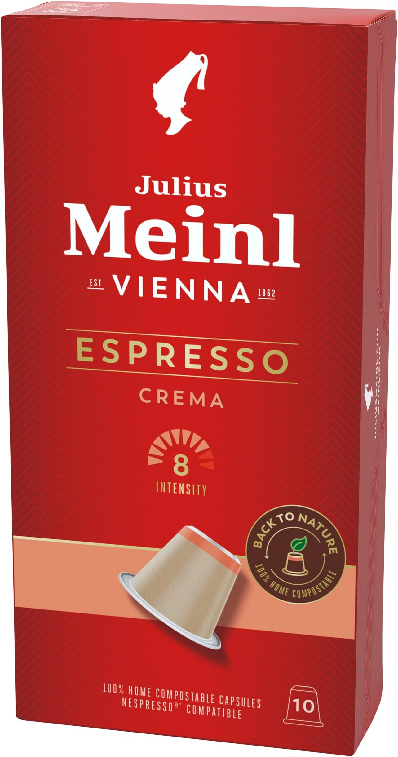 Julius Meinl Vienna Espresso Crema Coffee Capsules, Intensity 8, 100% Bio-degradable Capsules, Compatible with Nespresso Original Line Machines Only, 10 Capsules in 1 Box