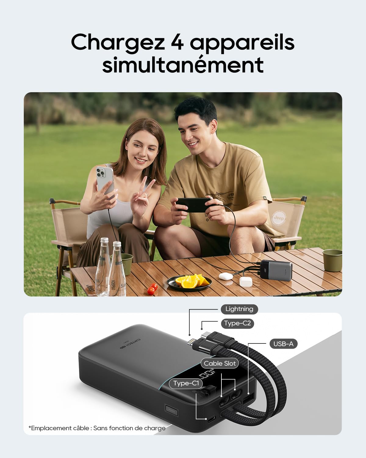 CUKTECH 40W 20000mAh Batterie Externe, Câble Intégré, Certifiée CCC & MFi