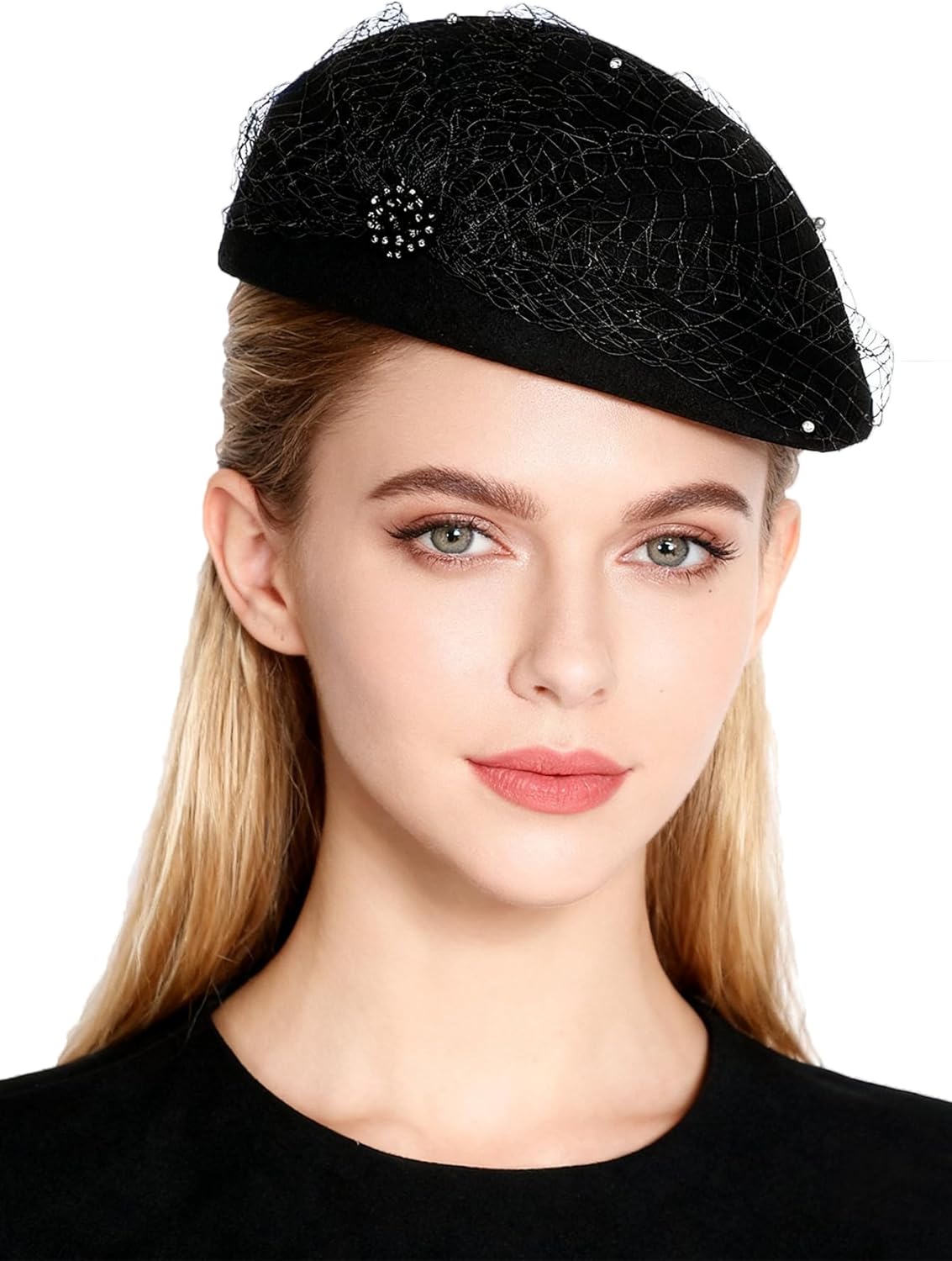 HIMESPORT Wool Felt Beret Hat for Women - Veil Beads Decor, Winter Formal Church Tea Party Fascinator, Wedding Cocktail Dress
