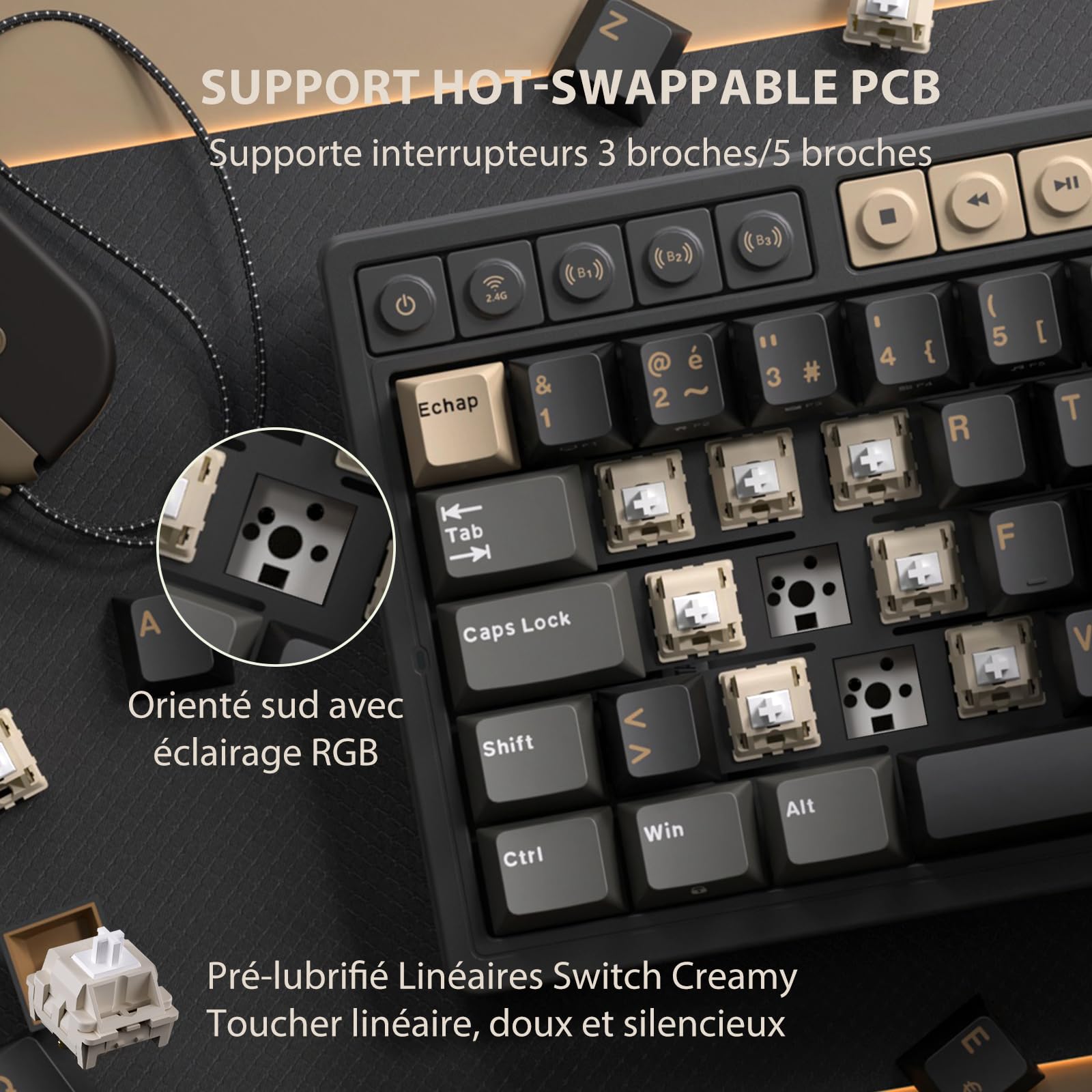 RK ROYAL KLUDGE M65 Clavier Mécanique 60% Compact - Triple Connexion (Bluetooth/2.4G/USB-C), Clavier azerty sans Fil RVB, Hot-Swap, Bouton, Batterie 6000mAh, PBT keycaps, Creamy Switch