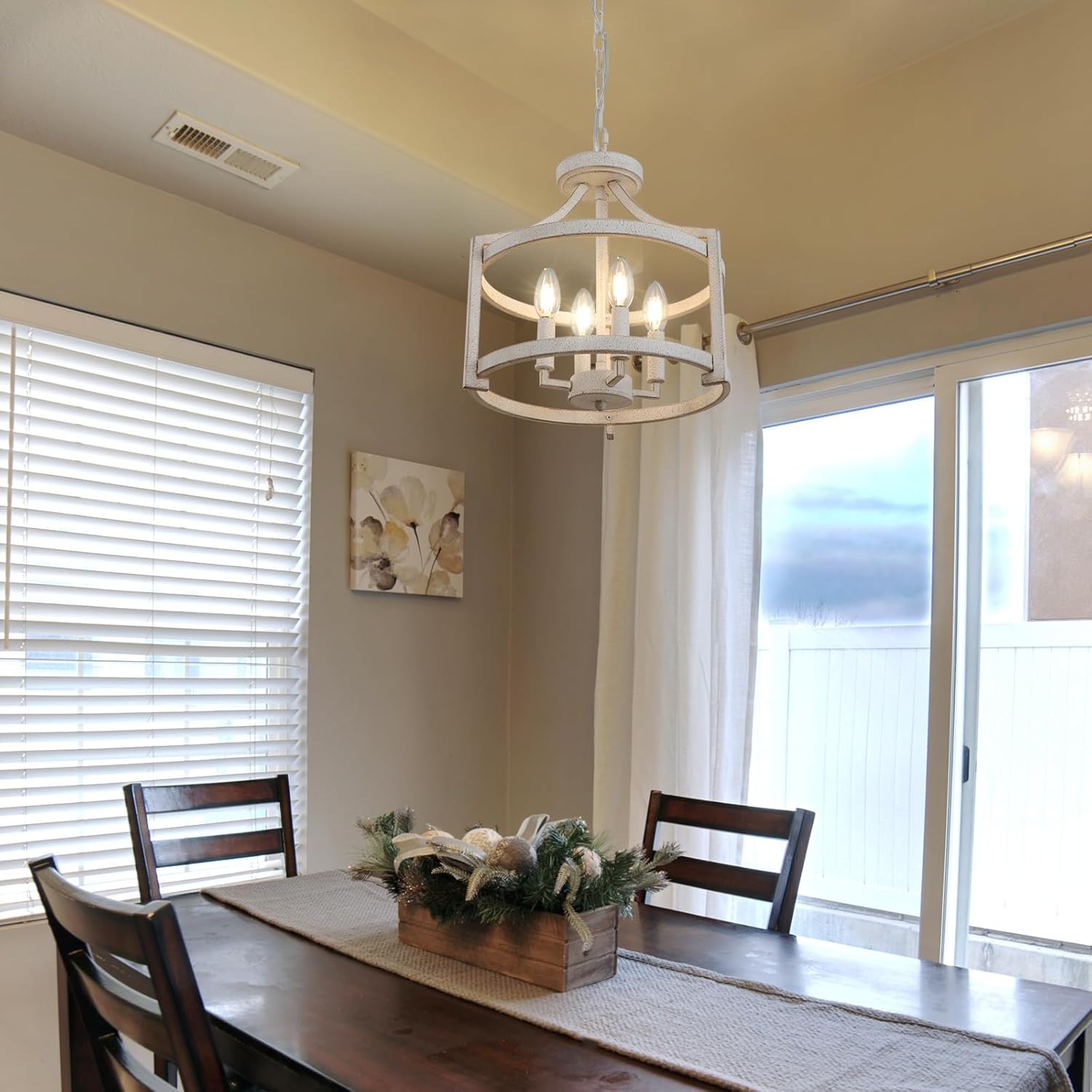 4-Light Farmhouse Chandelier, Distressed Hanging Pendant Lighting, Convertible Semi Flush Mount Ceiling Light Fixture Vintage White Metal Chandeliers for Dining Room Kitchen Foyer Entryway