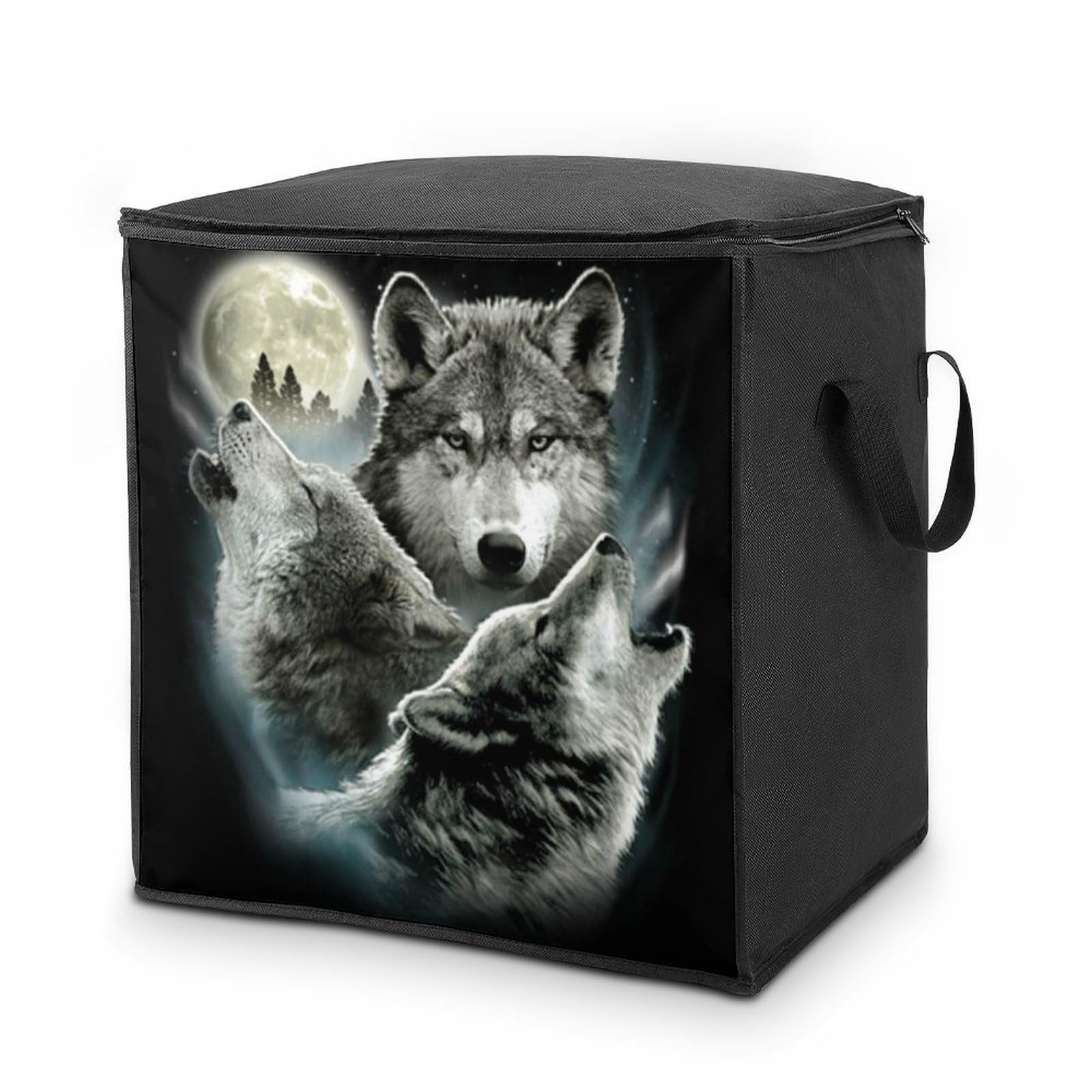 Lyfthologen 70L Storage Bags, Three Wolf And Moon Storage Box with Lid Zipper And Handles, Clothes Bags for Quilt, Blankets, Bedding