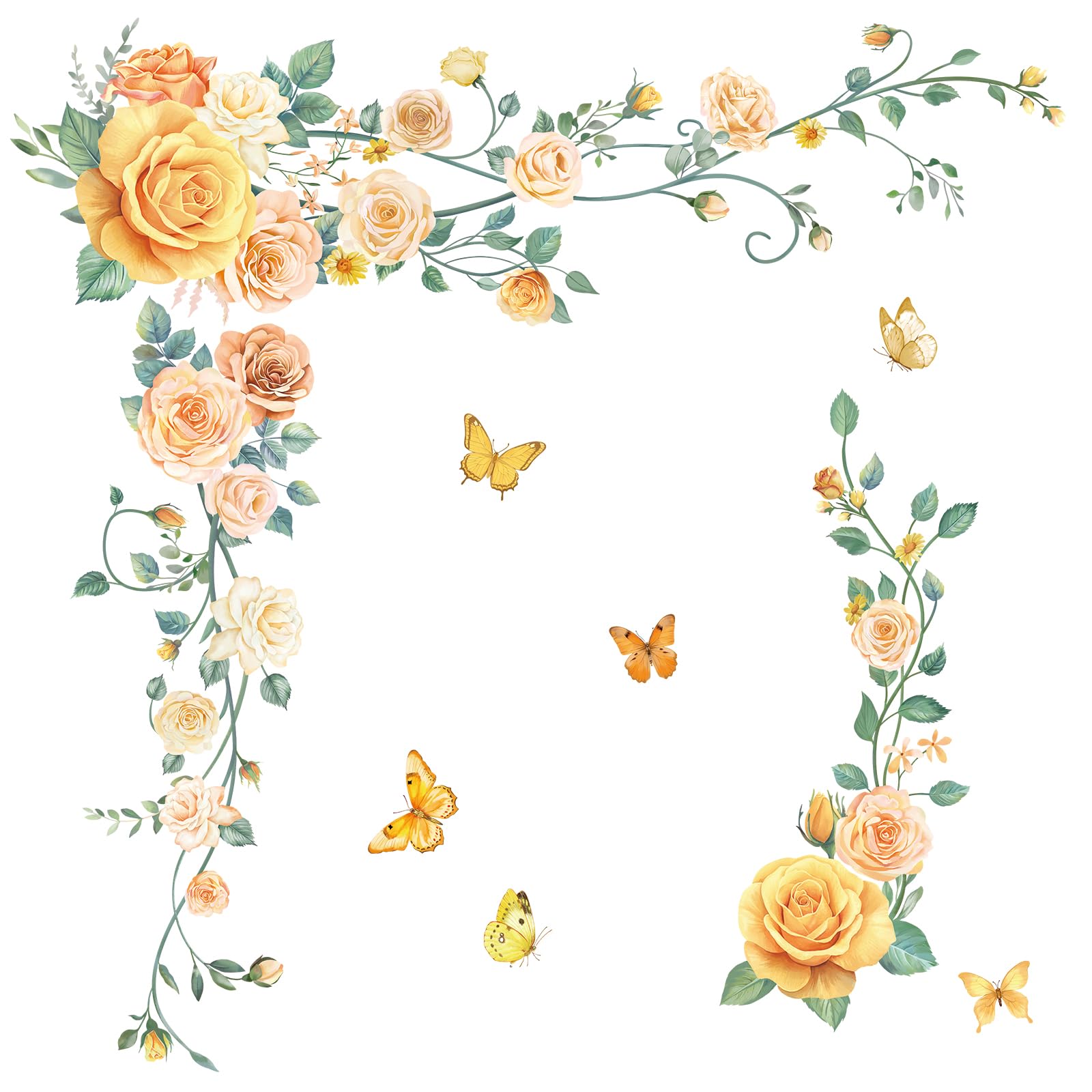 Fufuquare Rose Flower Butterflies Wall Decals Hanging Vine Yellow Floral Wall Stickers for Nursery Living Room Bedroom