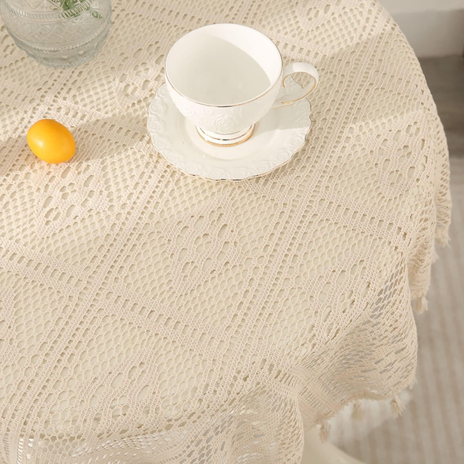 Gualiy Polyester Tischdecke Rund, Tischtuch 140 x 160 Abwaschbare Tischdecke Hohl Strick mit Quasten Tischdecke für Küchentisch, Beige