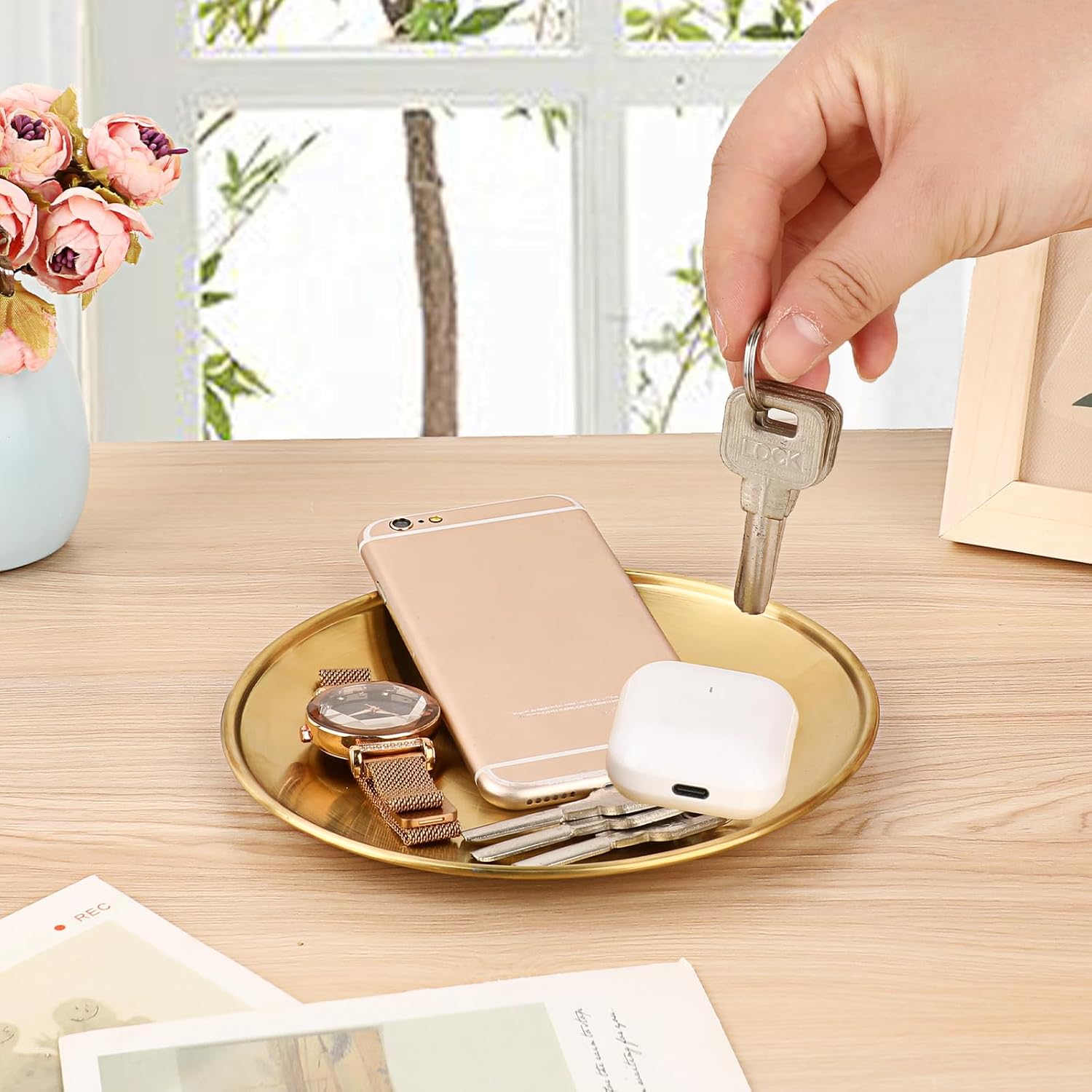 Small Key Bowl for Entryway Table Decor Gold Candle Plate Key Tray Decorative Metal Jewelry Dish Holder for Vanity Kitchen Counter Coffee Table