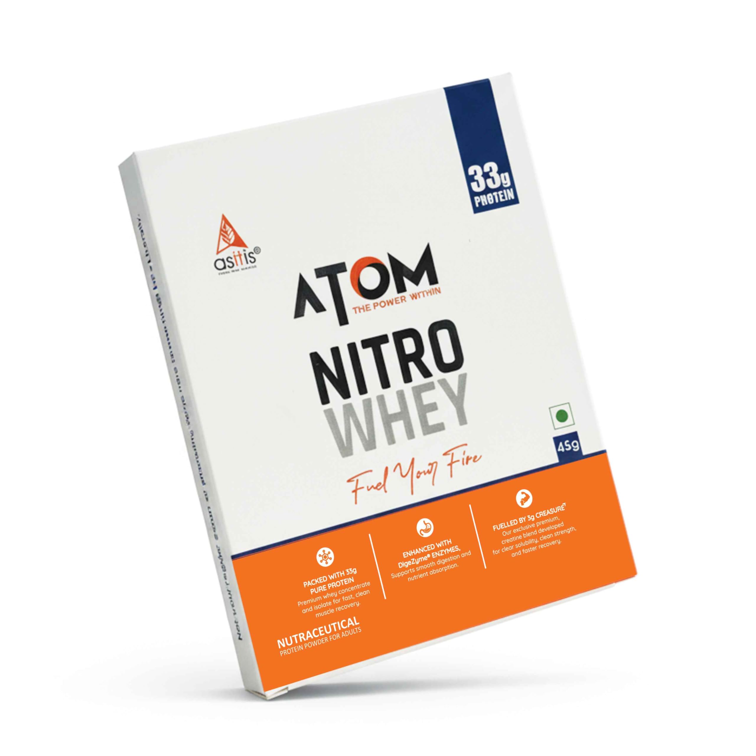 AS-IT-IS ATOM Nitro Whey Protein - with CREASURE® & DigeZyme® I 33g Protein, Fuel for Strength & Power, Easy to Carry Anywhere (No Excuse Travel Sachet, 45g)-image-16