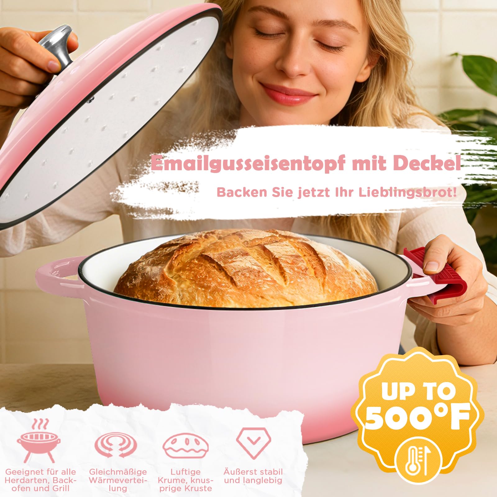 NZQXJXZ 26cm Gusseisen Topf Brot Backen 4,7L, Emaille Brotbackform mit Deckel & Garkorb Komplettset, Kirschrot, 2-in-1 Schmortopf ofenfest 500°C