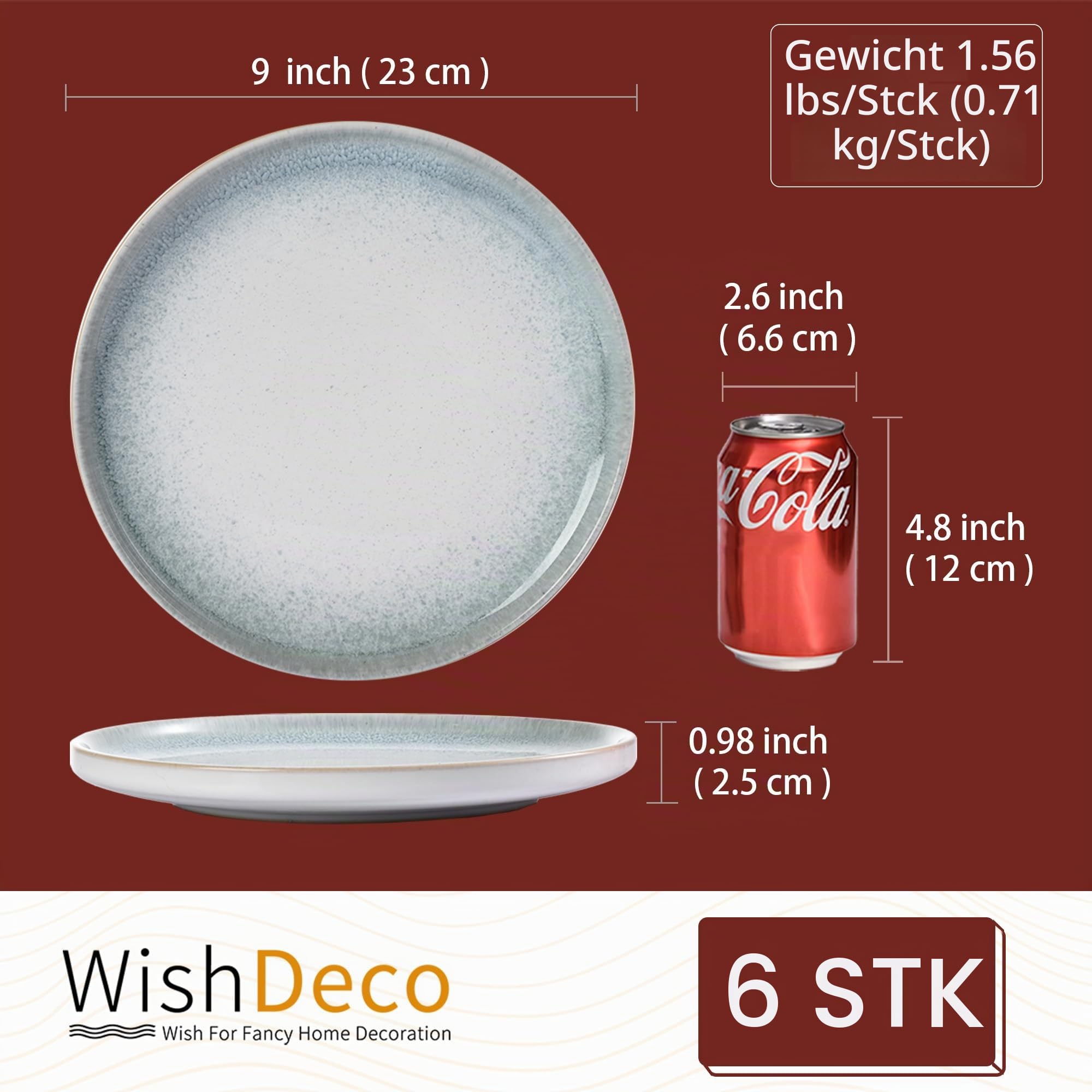 WishDeco Blauer Speiseteller 6er Set, Essteller Porzellan 23cm