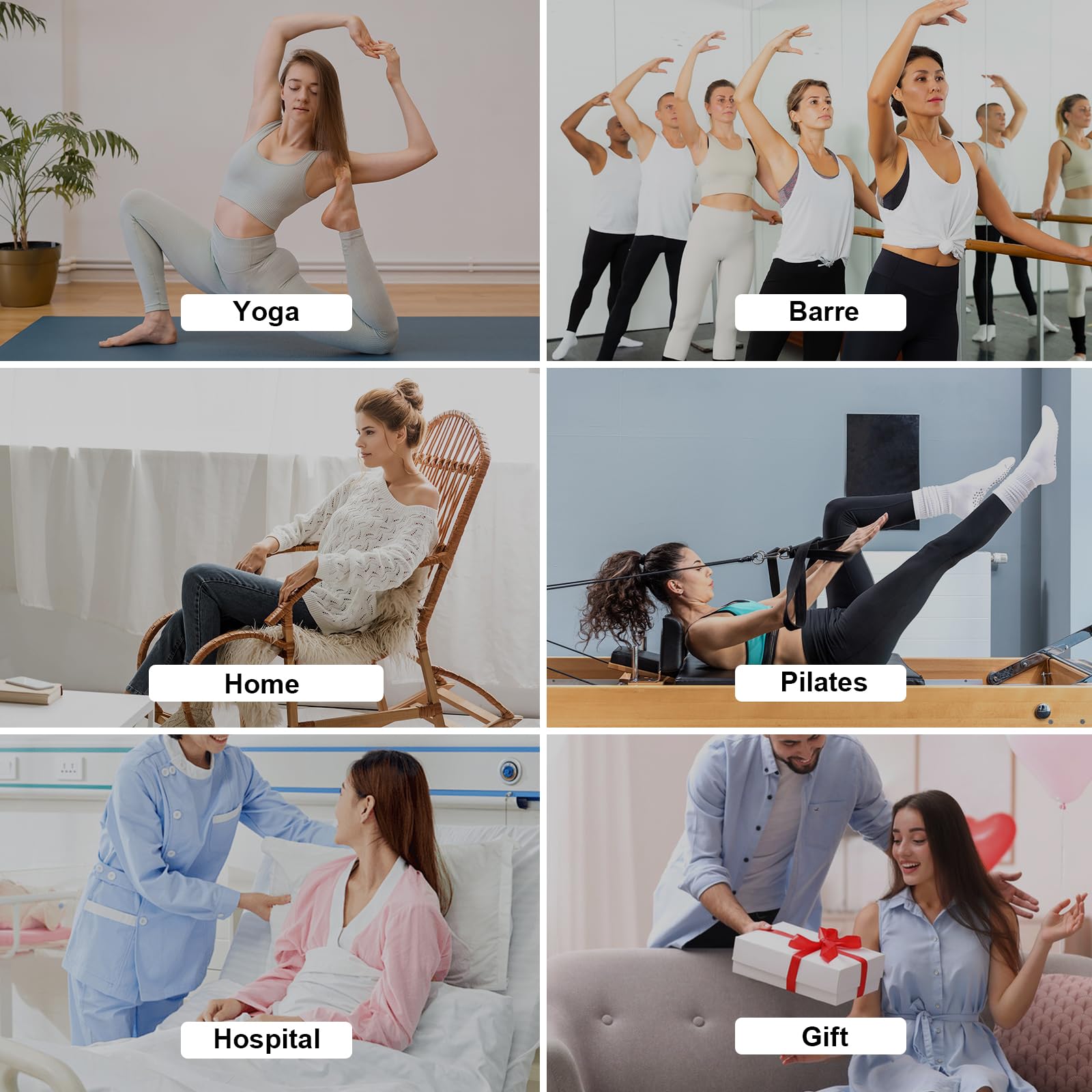 Grip Pilates Socks for Women, Yoga Slouch Socks with Grip for Barre Workout Hospital Long Scrunch Slipper Socks: White+black+grey