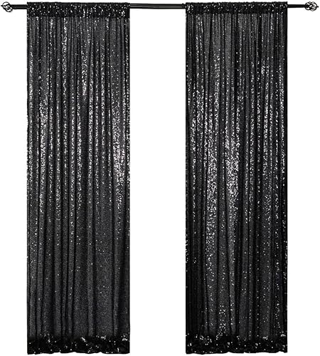 ShinyBeauty Telón de fondo de lentejuelas negras  2 paneles de cortina con purpurina de 2 x 8 pies  Elegante decoración de fiesta y boda  Fondo de