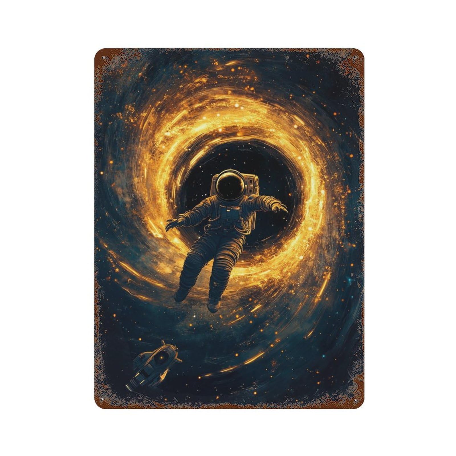 Weathered Tin Sign Astronaut in Space -14 15.7"x11.8", Novelty Wall Decor for Basement, Hobby Room And Garage Decor