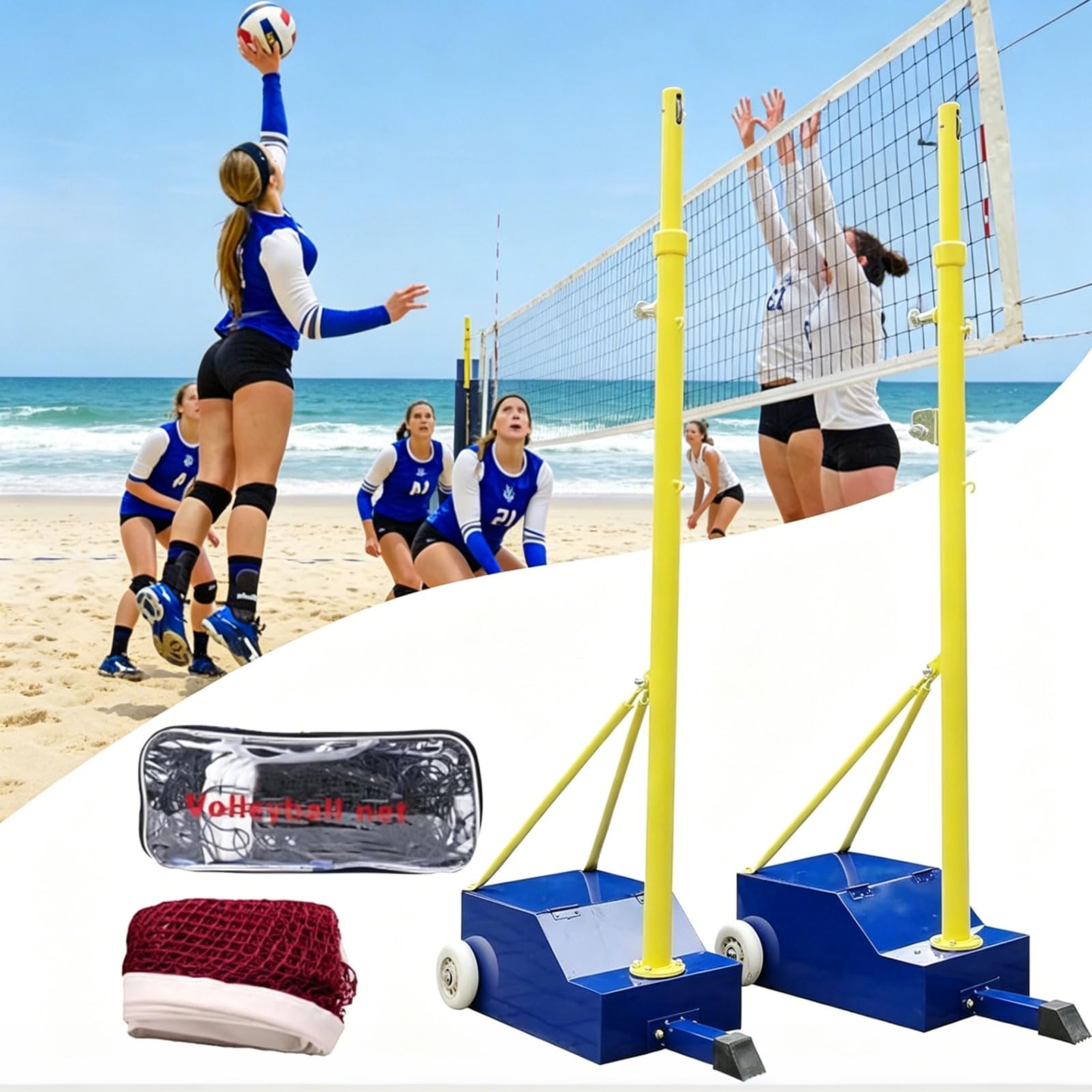 ZHNANDAMAI Volleyball Poles, Badminton/Volleyball Posts, Heavy Duty Volleyball Net with Poles Adjustable 5ft-6.8ft 4 Heights, Portable Stand with Wheels for Outdoor Indoor Backyard Adults