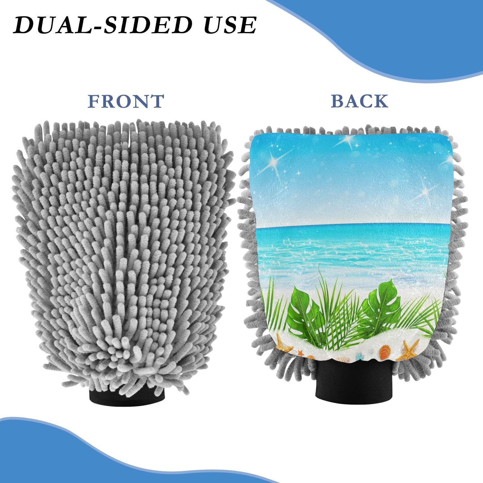 Kigai Tropical Beach Car Wash Mitt Microfiber, 2Pcs Scratch Free Lint-Free, Premium Chenille Microfiber Mitt Car Wash Brush-M