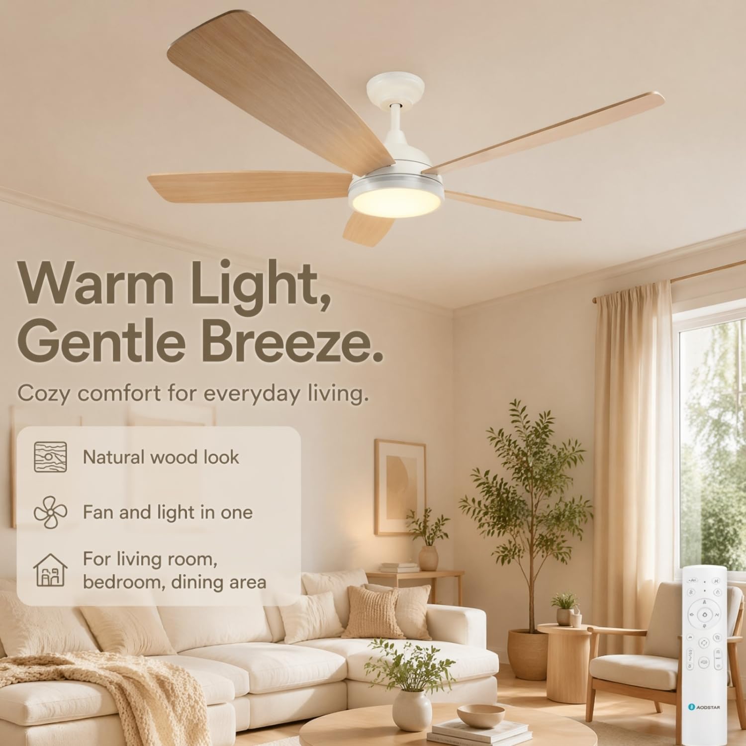 Aigostar Ventilador de Techo con Luz Silencioso 52″, 20W LED, Motor DC Reversible 30W, Mando a Distancia, 6 Velocidades, 2700K/4000K/6000K Regulable, Ideal para Dormitorio, Sala o Cocina