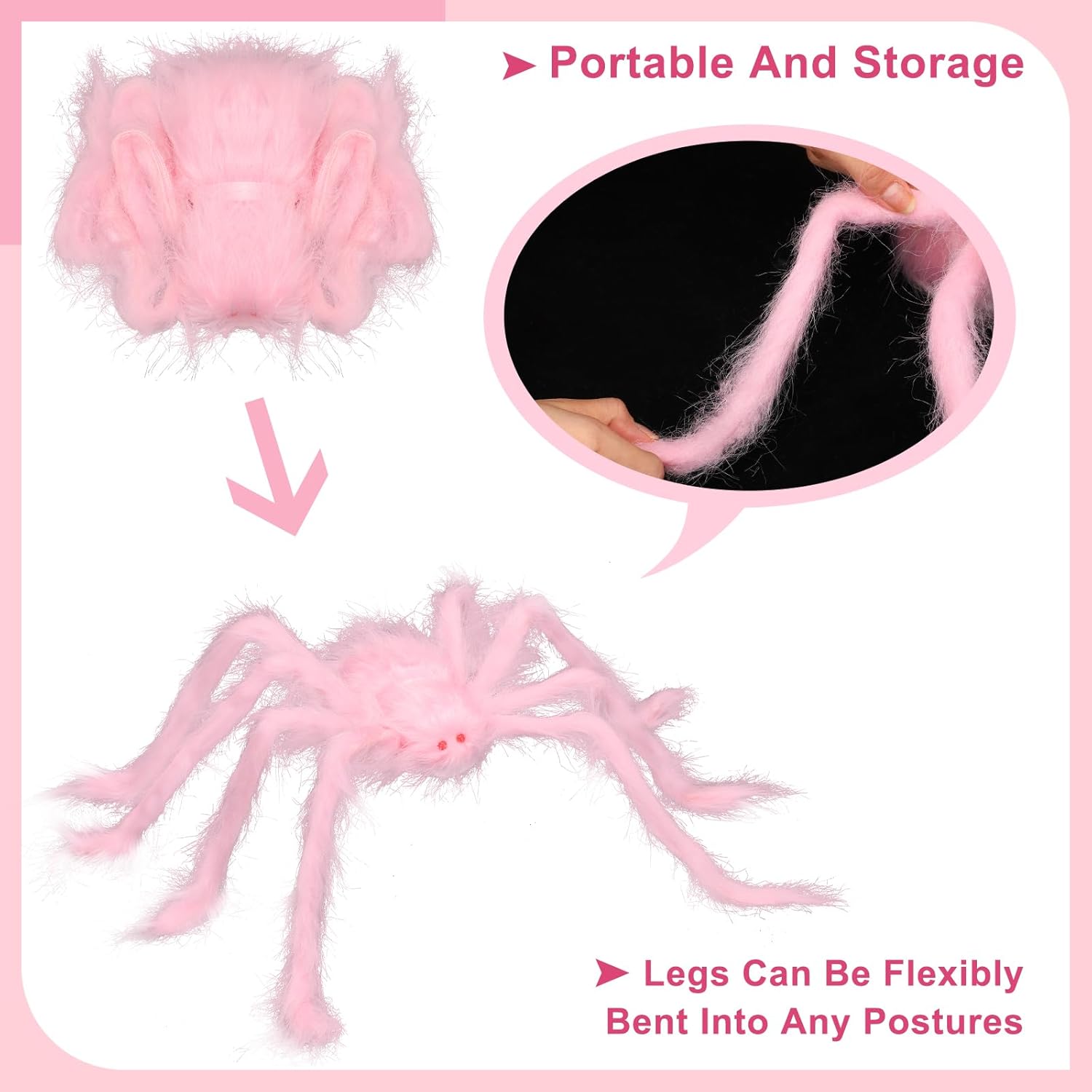 VioraWhite 5 Pcs Halloween Pink Spider Decorations Realistic Soft Hairy Giant Scary Araneid Set Fake Large Spider Props for Halloween Window Wall and Yard Outdoor Decor