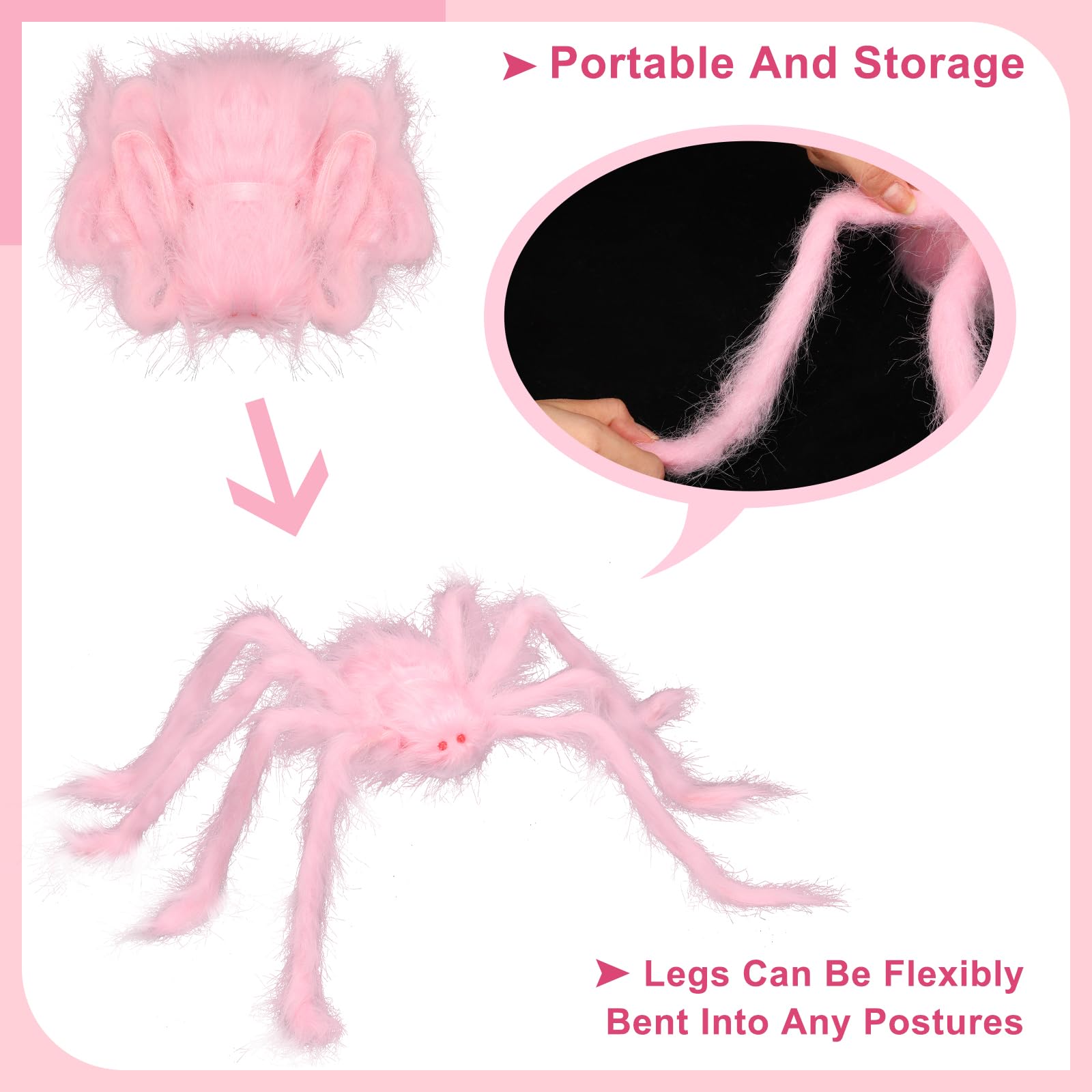 VioraWhite 5 Pcs Halloween Pink Spider Decorations Realistic Soft Hairy Giant Scary Araneid Set Fake Large Spider Props for Halloween Window Wall and Yard Outdoor Decor