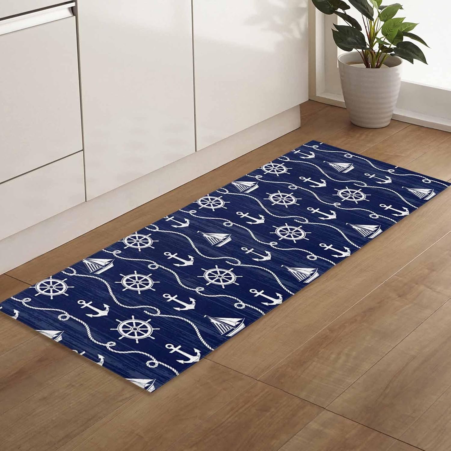 Teamery Kitchen Mats for Floor Nautical Anchor Sailboat Washable Non Slip Kitchen Rugs 1PCS, Deep Navy Blue Background Absorbent Standing Mats for Sink Bathroom Office Living Room 23.6x70.9in