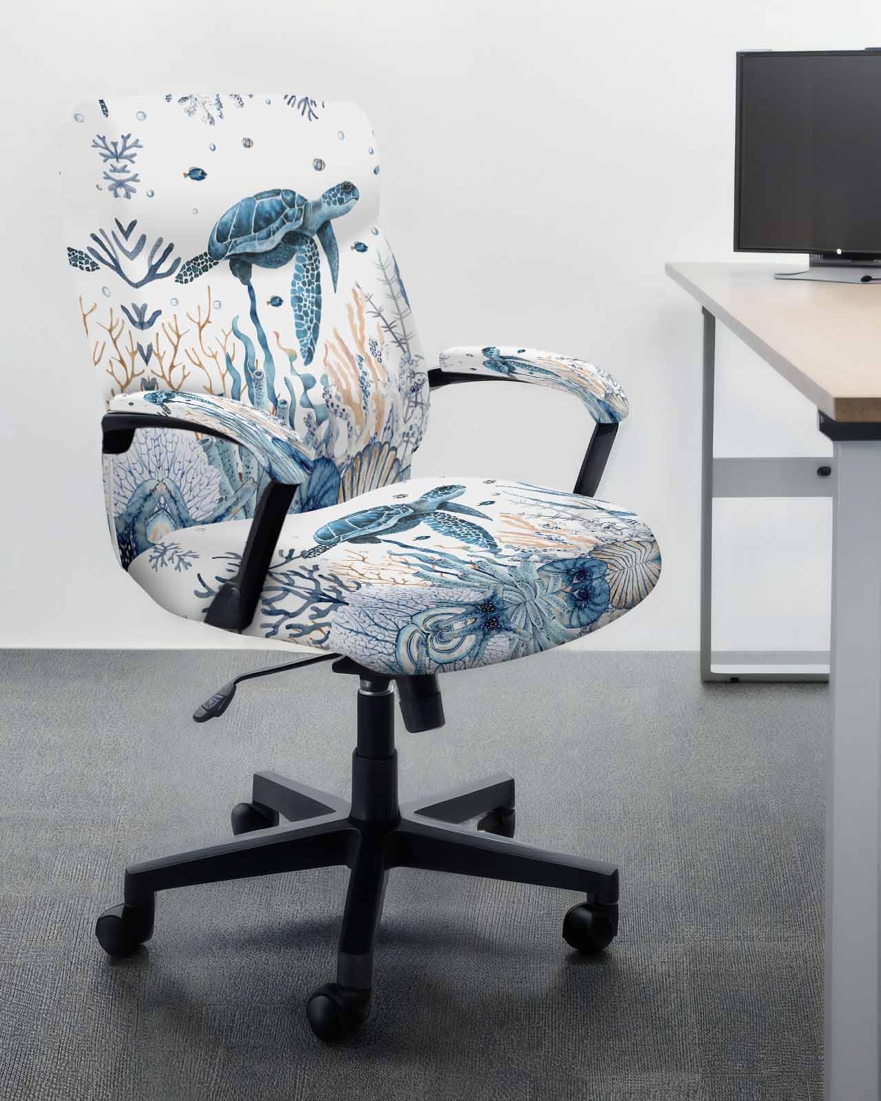 Kewadony Office Chair Cover with Armrest Covers Stretchable, Blue Sea Turtle Removable Universal Computer Chair Covers, Coastal Ocean Beach Coral Nautical Shell Slipcovers for Rotating Chair, Large