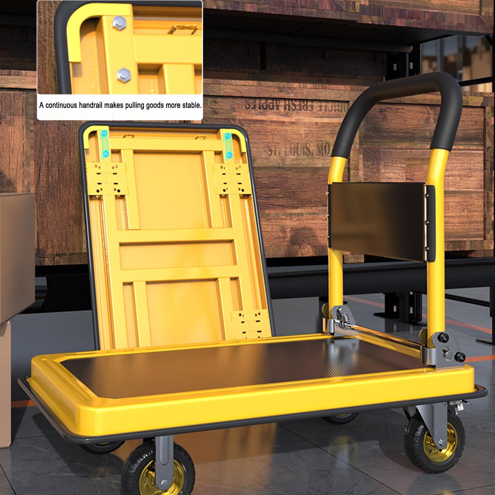 Carro de Mano Plegable de Alta Resistencia, con Ruedas y Frenos silenciosos de 360°, Carro de Carga for el hogar, Adecuado for almacenes y garajes(90x60cm)