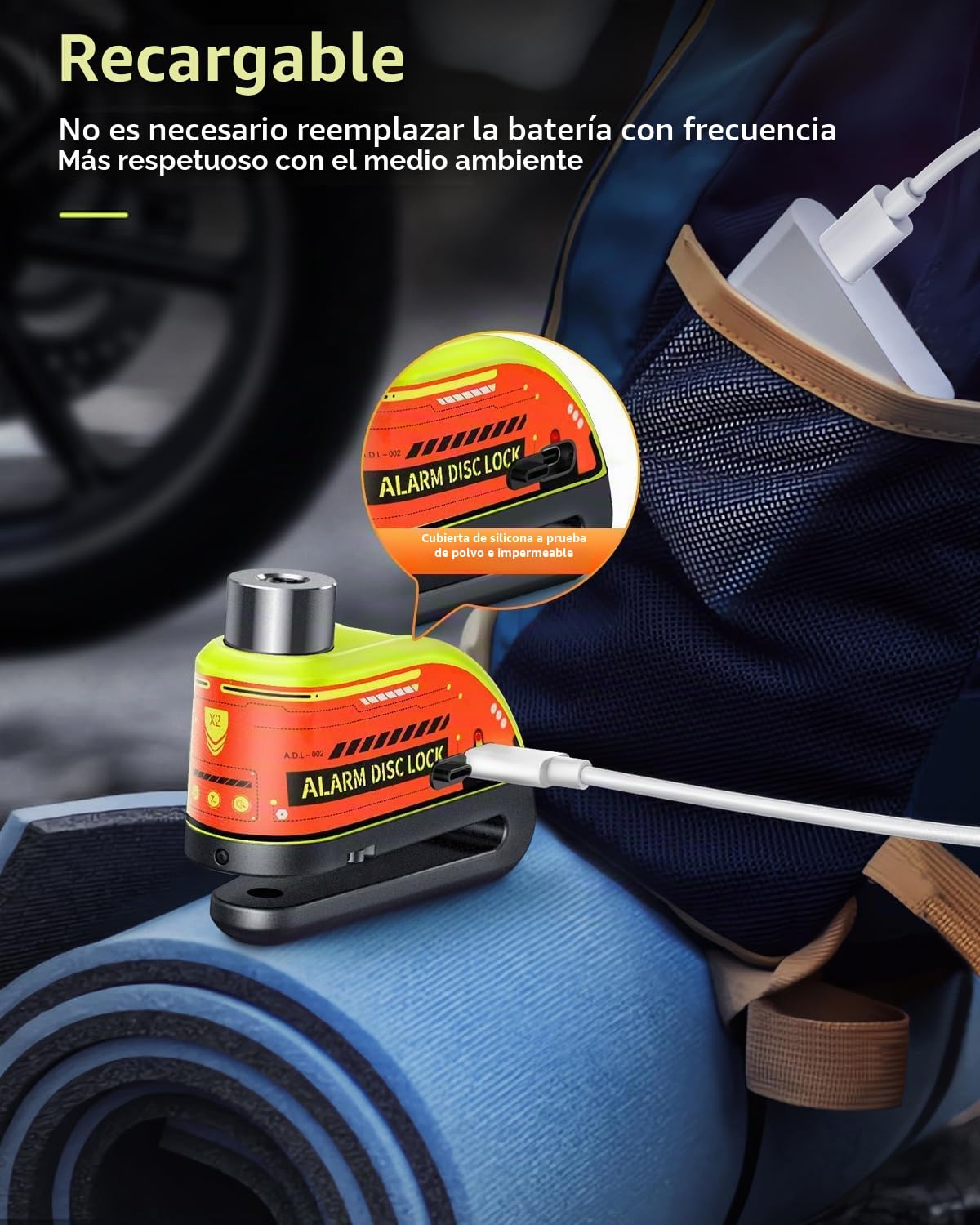 ZEXMTE - Antirrobo de moto con alarma antirrobo recargable de 120 dB con cable de recordatorio de 1,5 m, antirrobo resistente para moto, bicicleta, scooter, bicicleta eléctrica