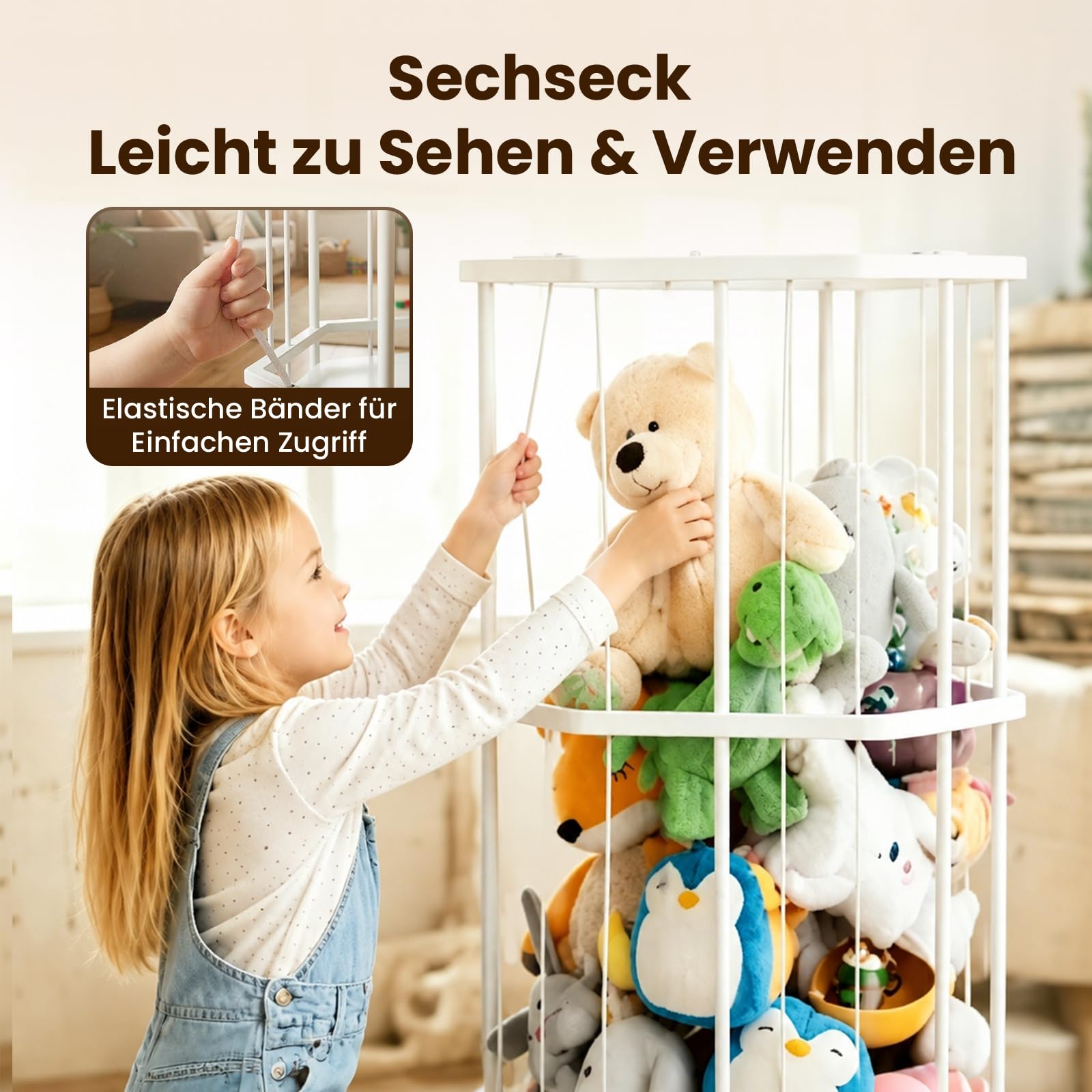 Stahll Groß Kuscheltier Aufbewahrung 145 cm mit 360° Bremsrädern | Stofftier Aufbewahrung mit Elastische Schnuren, Platzeinsparung 3-Schicht Aufbewahrung Kuscheltiere für Kinderzimmer Playroom