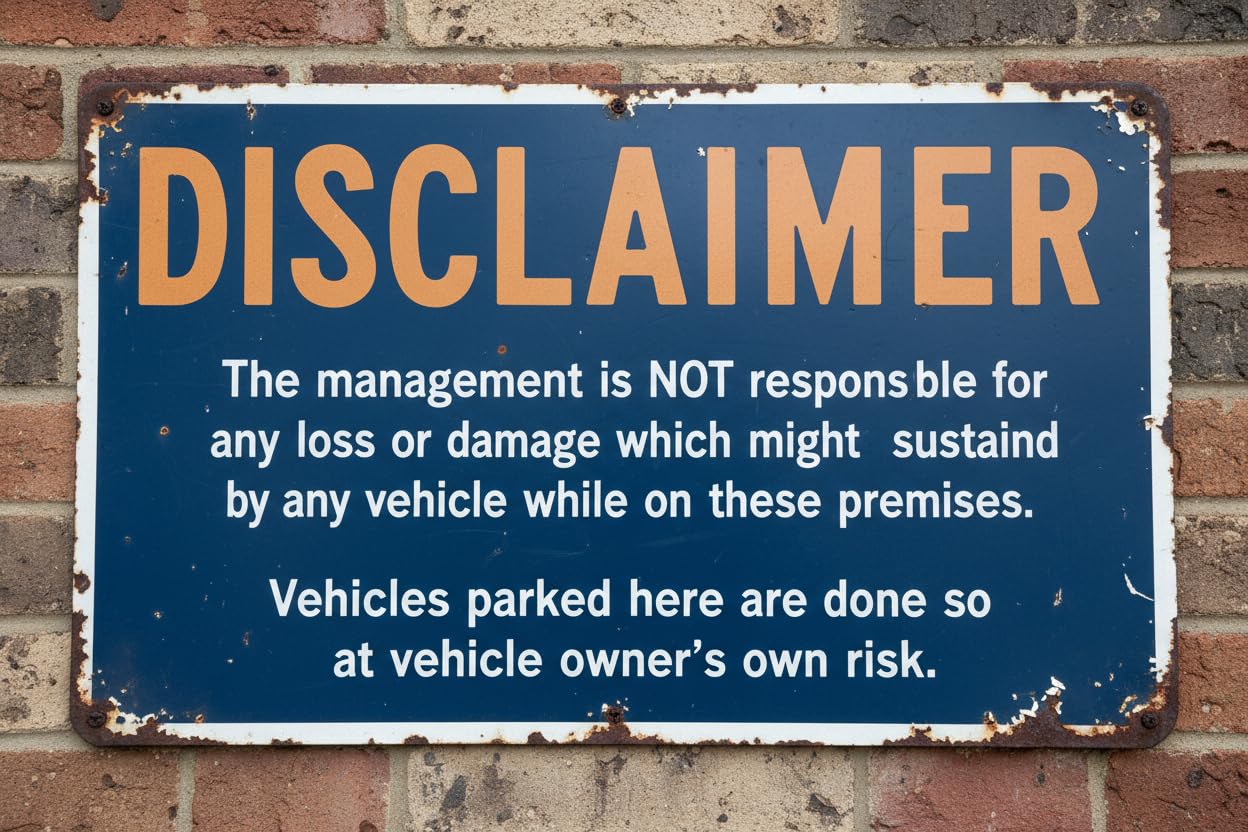 Wall Decor Disclaimer Management Not Responsible For Theft Or Damage To Vehicle Parked On Premises Sign. 8x12Inch Metal. Parking Liability Vintage Signs Aluminum Plates Printed