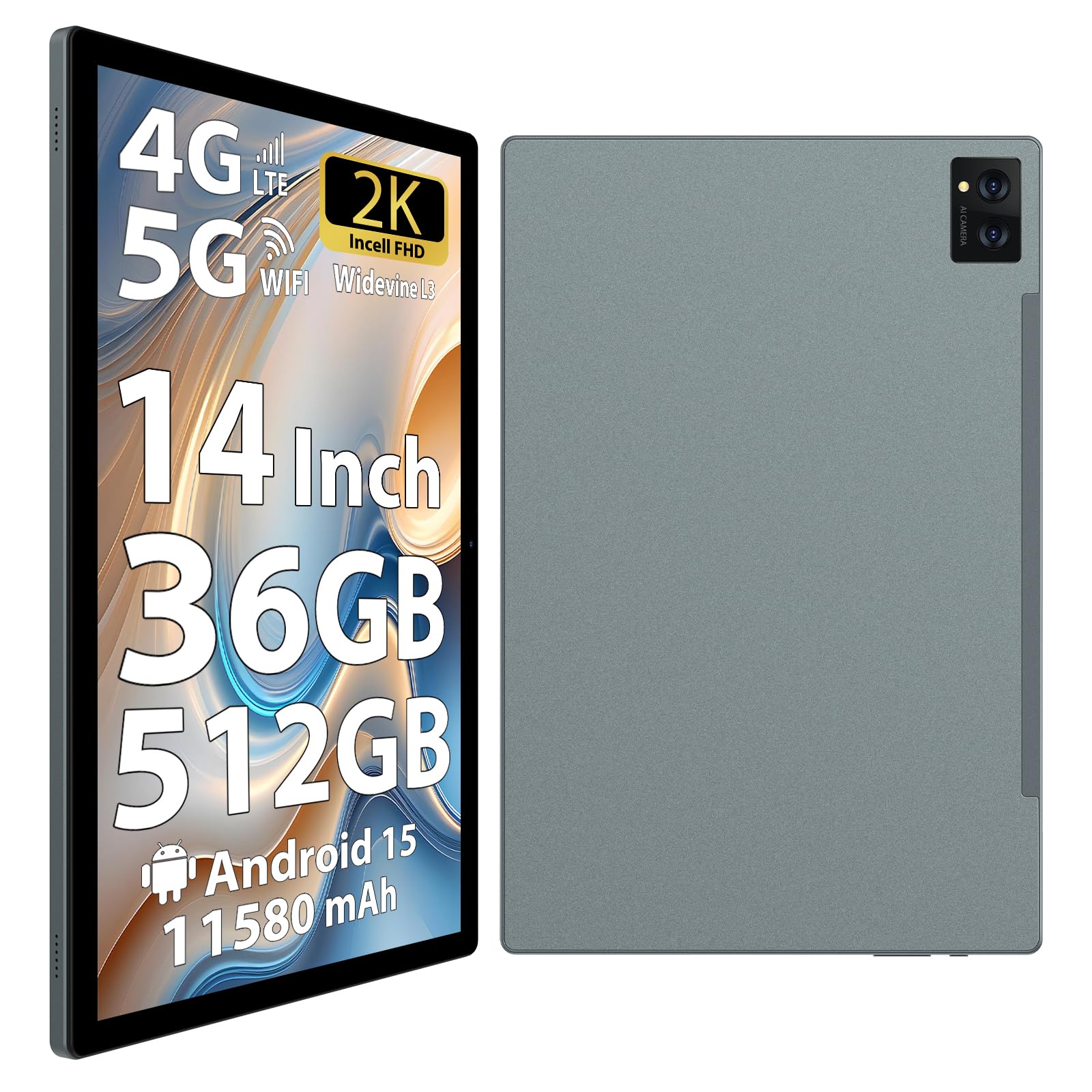 LEVIRTU Android 15 Tablet 14 Pollici 2K FHD, 36GB+512GB/TF 2TB, Octa-Core, 11580mAh, 4-Speaker, 13MP Fotocamera, Grande Tablet con Dual SIM 4G LTE/5G WiFi/GPS/Custodia/Stylu/Auricolare, Grigio