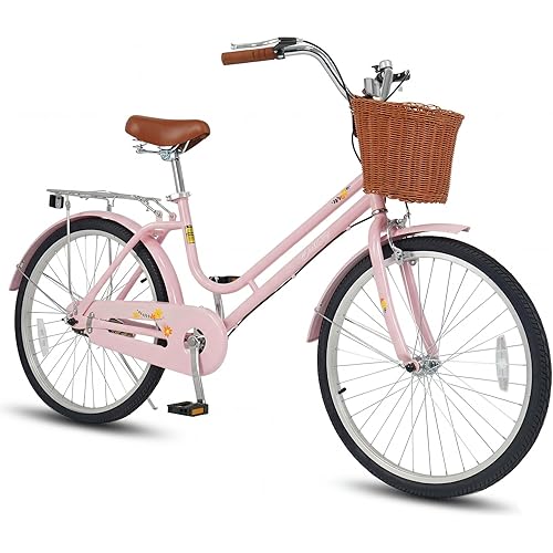 Goplus Beach Cruiser Bike for Women, 24/26 Inch Commuter Bicycle w/Basket, Rear Rack, Bell, Low Step Through Frame, Adjustable Seat, City Bike for Teens, Adults, Ladies