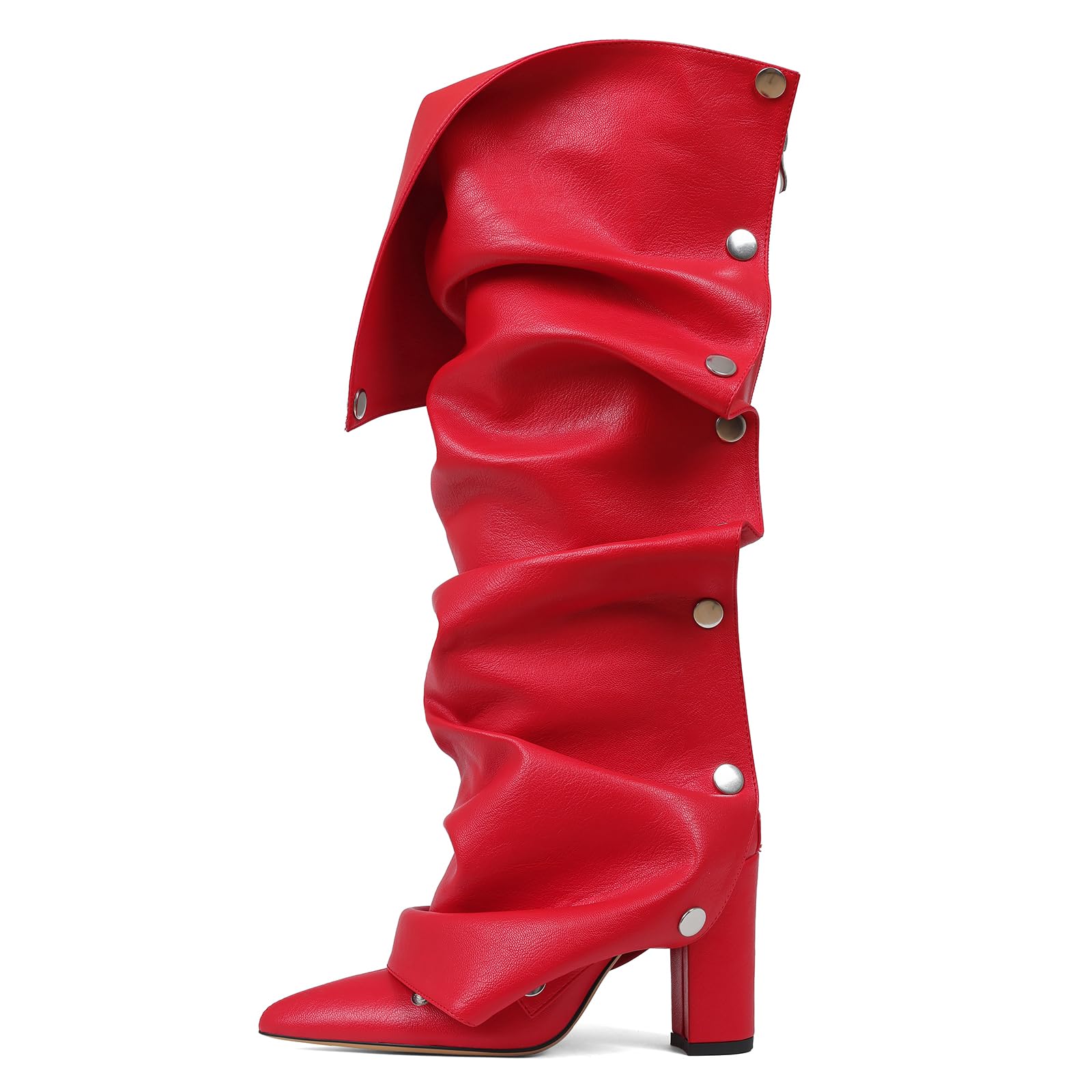 AOSPHIRAYLIAN Fold Over Boots for Women Knee High Calf Boots Pointed Toe Tall Leather Chunky Heel Fashion Dress