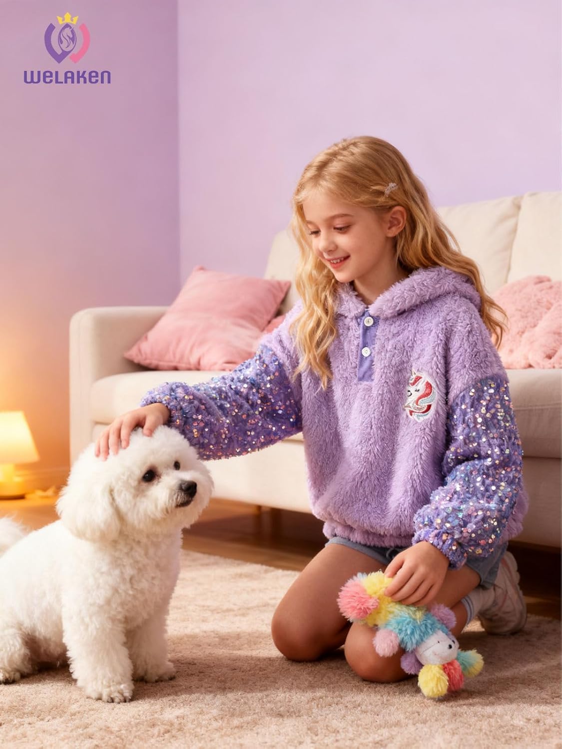 WELAKEN Girls' Button-Detail Fuzzy Sherpa Fleece Hoodie with Unicorn Patch & Sequin Sleeves – Cozy & Warm Kids' Pullover - Image 3