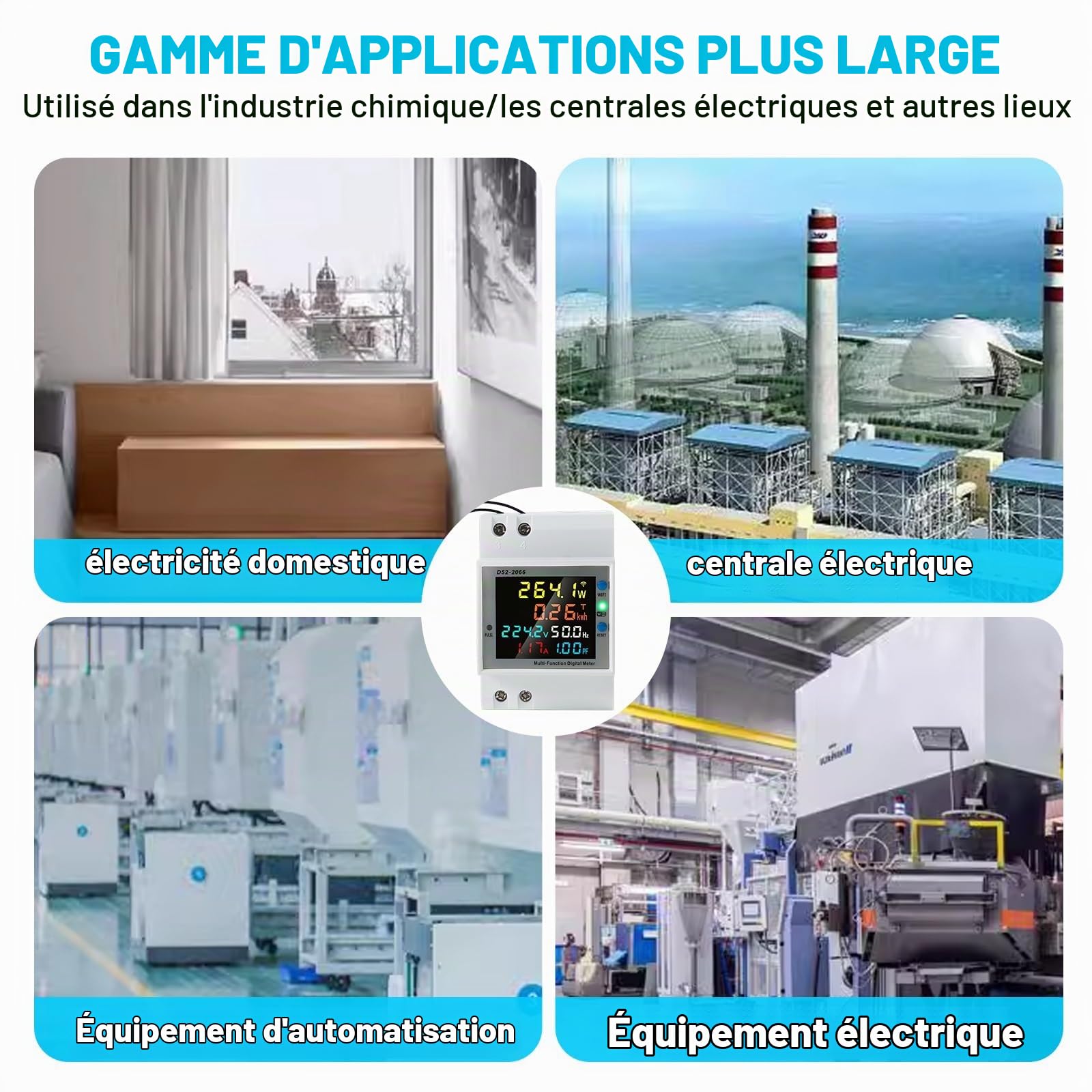 Jadeshay WiFi Compteur d'Énergie Monophasé, 6 en 1 Compteur Electrique Wattmetre Wifi LCD Voltmètre Ampèremètre Numérique pour Rail DIN Compteur KWh AC40-300V 100A(CT externe)