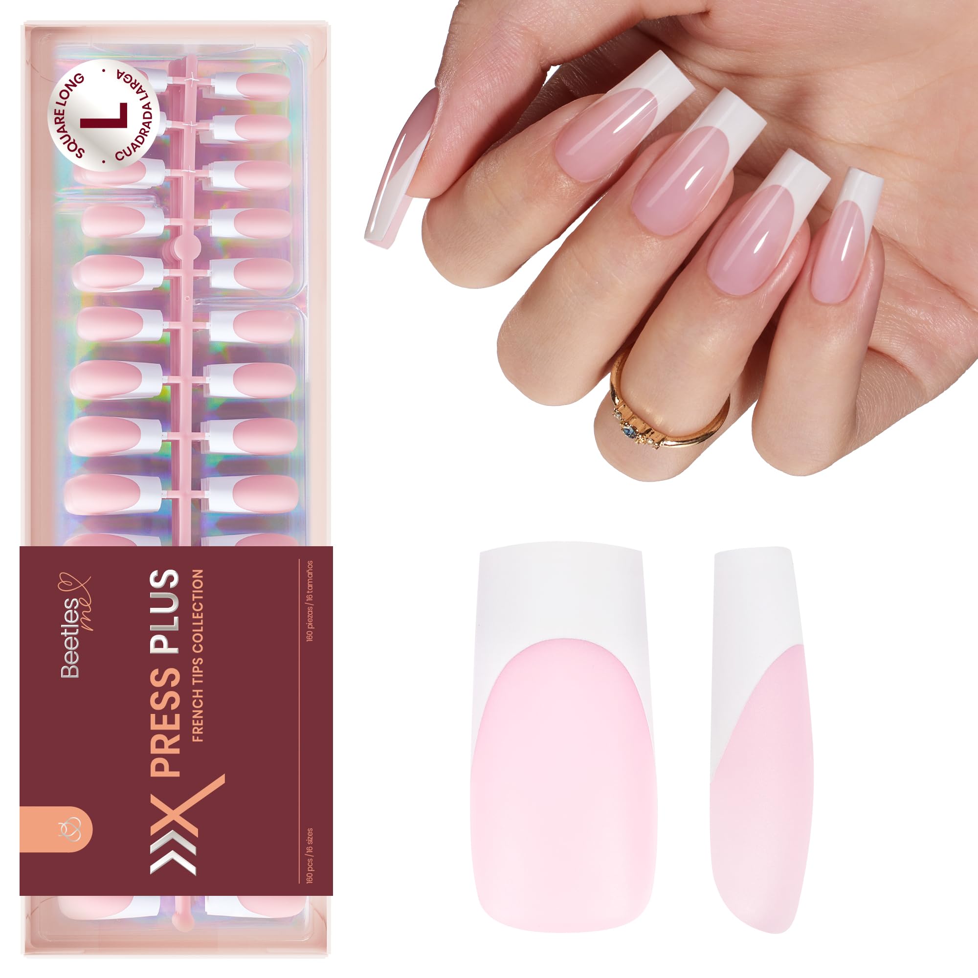 Beetles French Tip Press on Nails Long Square Salon Quality, White French Pink Gel Nail Tips 15 Sizes, Etch X Pre-Primer No Need to File Tips Soak Off