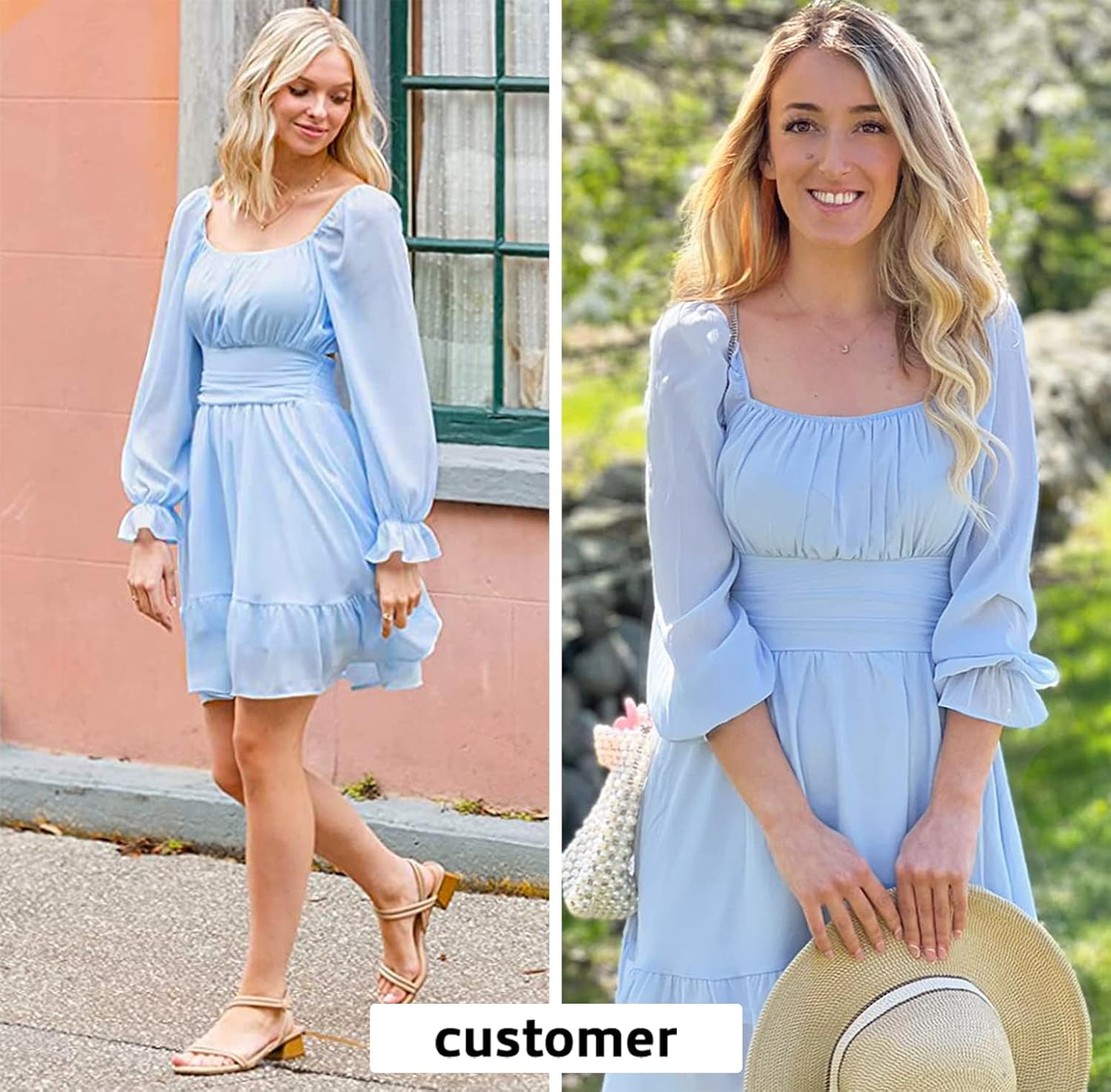 EXLURA Women's 2026 Casual Long Lantern Sleeve Dresses Square Neck Ruffle Tie Back Elastic Waist Aline Short Mini Dress - Image 4