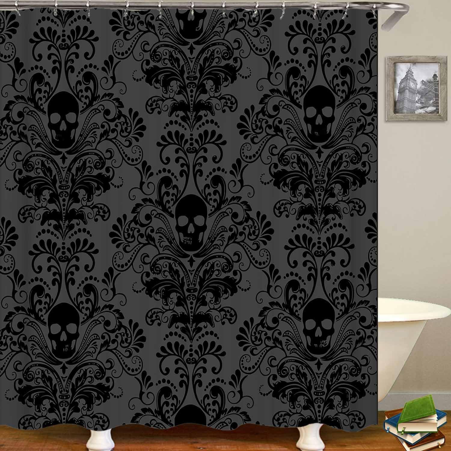 4PCS Black Damask Shower Curtain Sets with Rugs, Gothic Skull Shower Curtain, Waterproof Fabric Shower Curtain, Spooky Skeleton Vintage Floral Foliage Antique Victorian Baroque Bathroom Decor