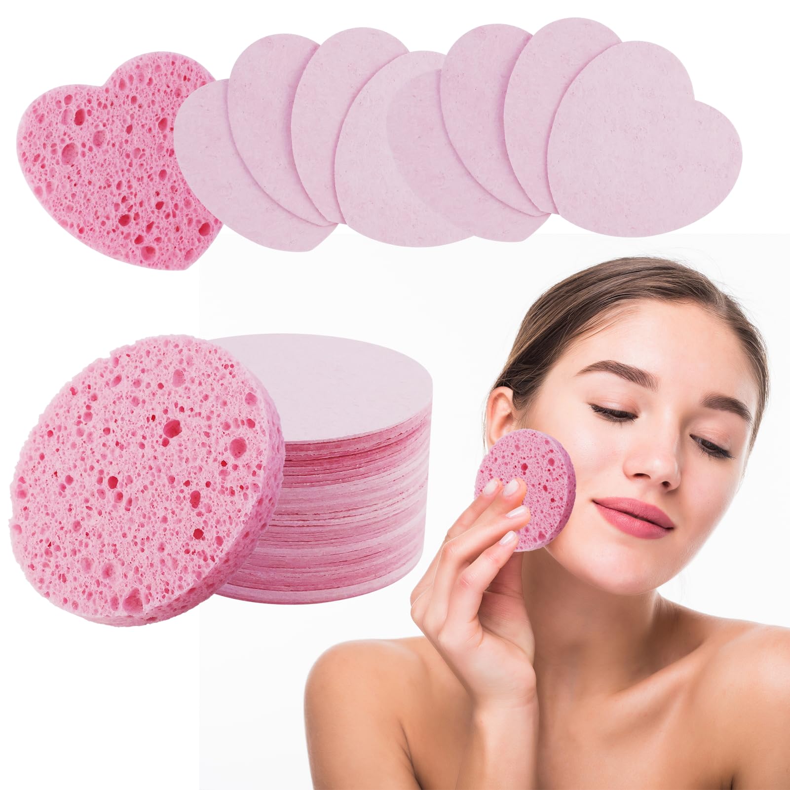 80 spugne per il viso compresse a forma di cuore e cerchio, morbida spugna per il viso, spugna per il viso, spugna per la pulizia del viso, 80 pezzi