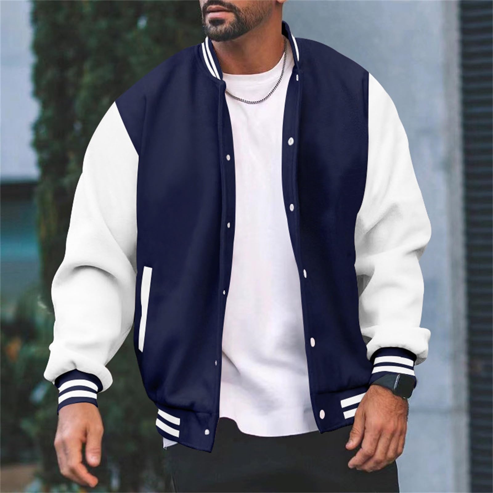 Vestes à capuche décontractées pour homme, coupe ajustée, coton, letterman, baseball, bomber, veste universitaire classique, manteau bleu pour homme