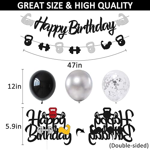 Miniatura 3 de Decoraciones de cumpleaños para gimnasio, levantamiento de pesas, pancarta de feliz cumpleaños, decoración de tarta, globos de látex negros y grises