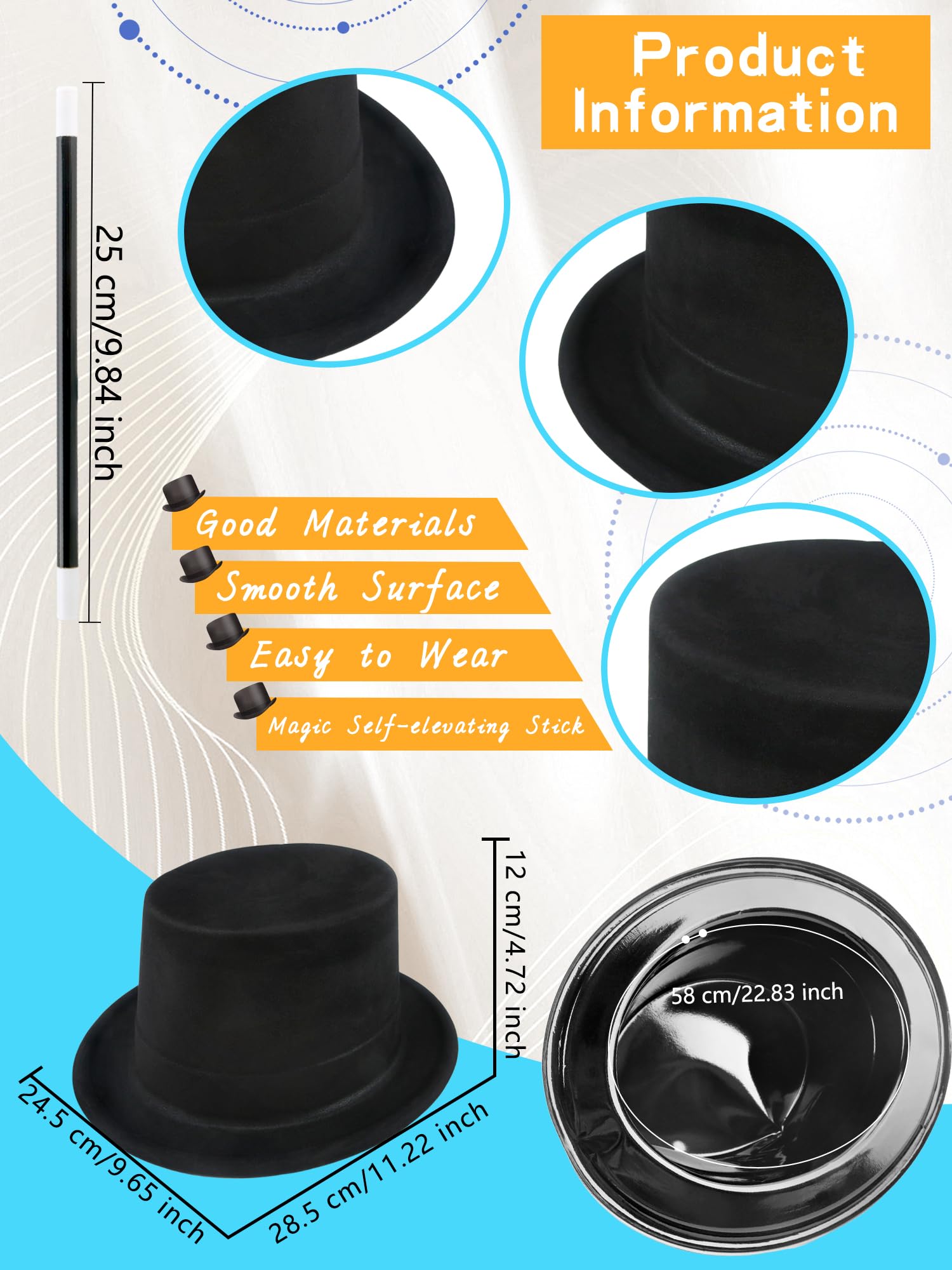 Skyebed 14 Pcs Black Top Hats with 14 Pcs Magician Wands Plastic Top Hats Magician Hat for Men Women Halloween Cosplay Party Accessories
