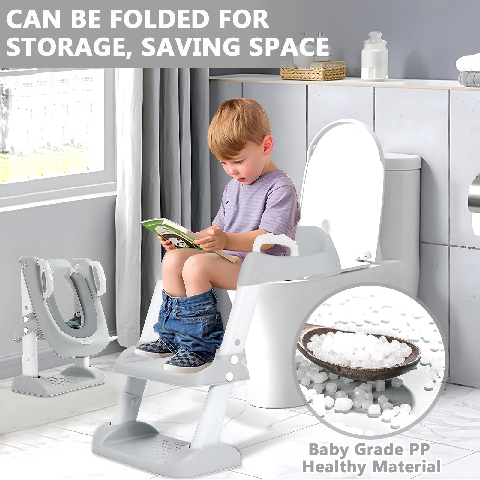 FAMKEEP Réducteur Toilette Enfant avec Escalier,Abattant WC Antidérapant Échelle Réducteur,Pliable et Réglable,Siège de Toilette Enfant avec PU Coussin Moelleux,Adapté Toilettes en Forme de V, U, O