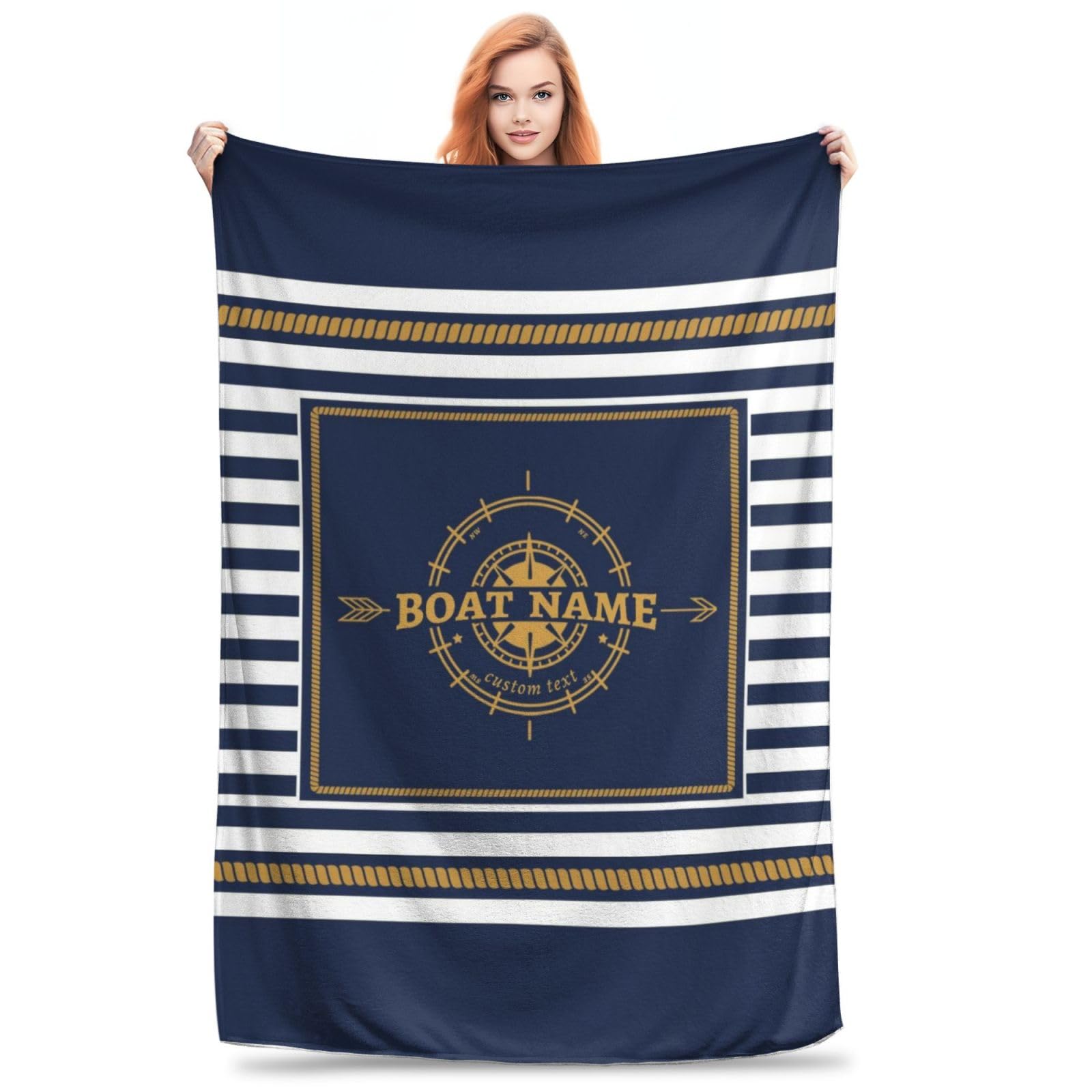 KKIIOEXX Personalized Nautical Sailing Throw Blanket,Custom Captain Anchor Compass Flannel Blanket with Name,Soft Lightweight Throw Blanket for Sofa Couch Bed Room, for Men Women