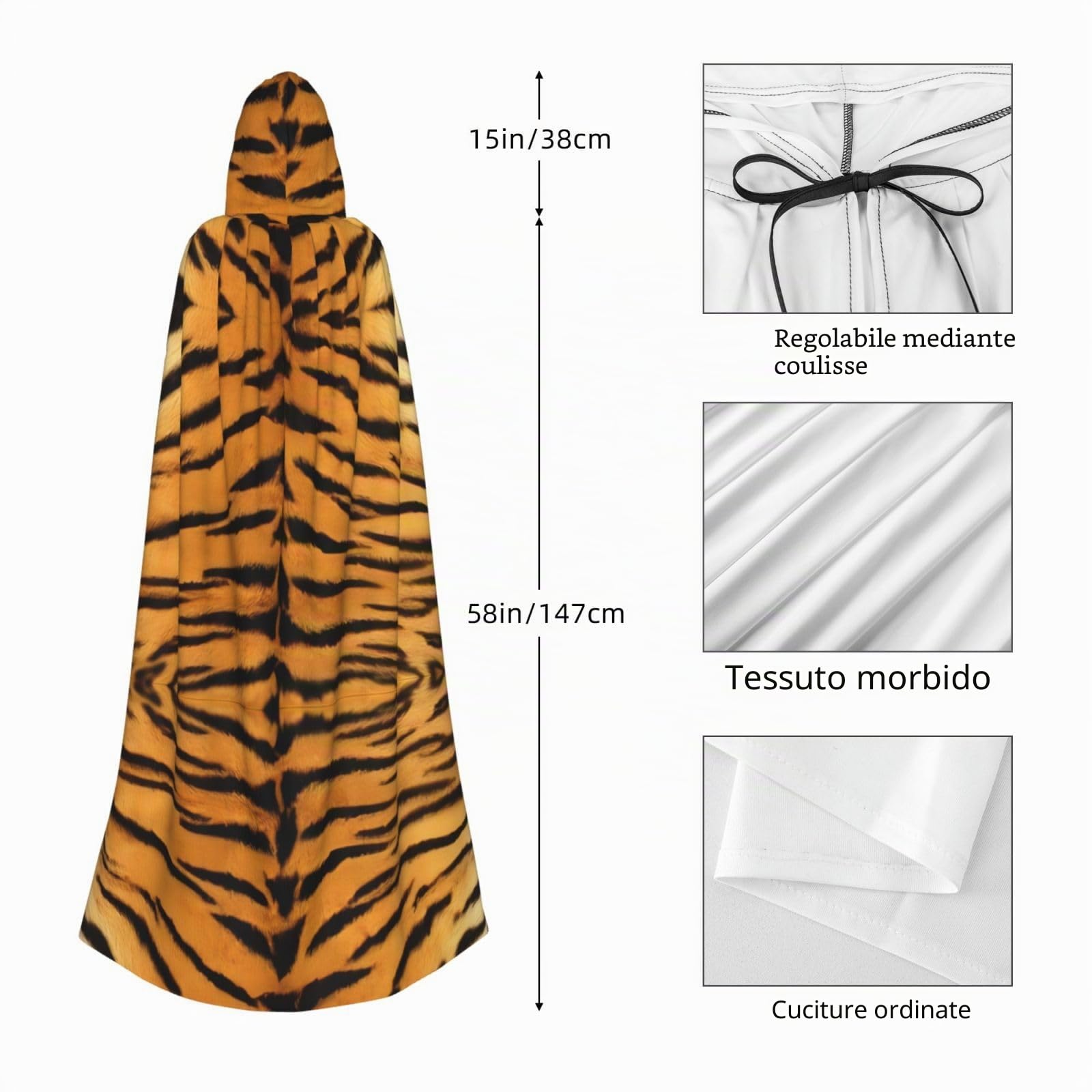 Mantello con cappuccio per Halloween, per adulti, facile da pulire, perfetto per feste e cosplay, palcoscenico e altro, con pelle di tigre, nero, Taglia unica