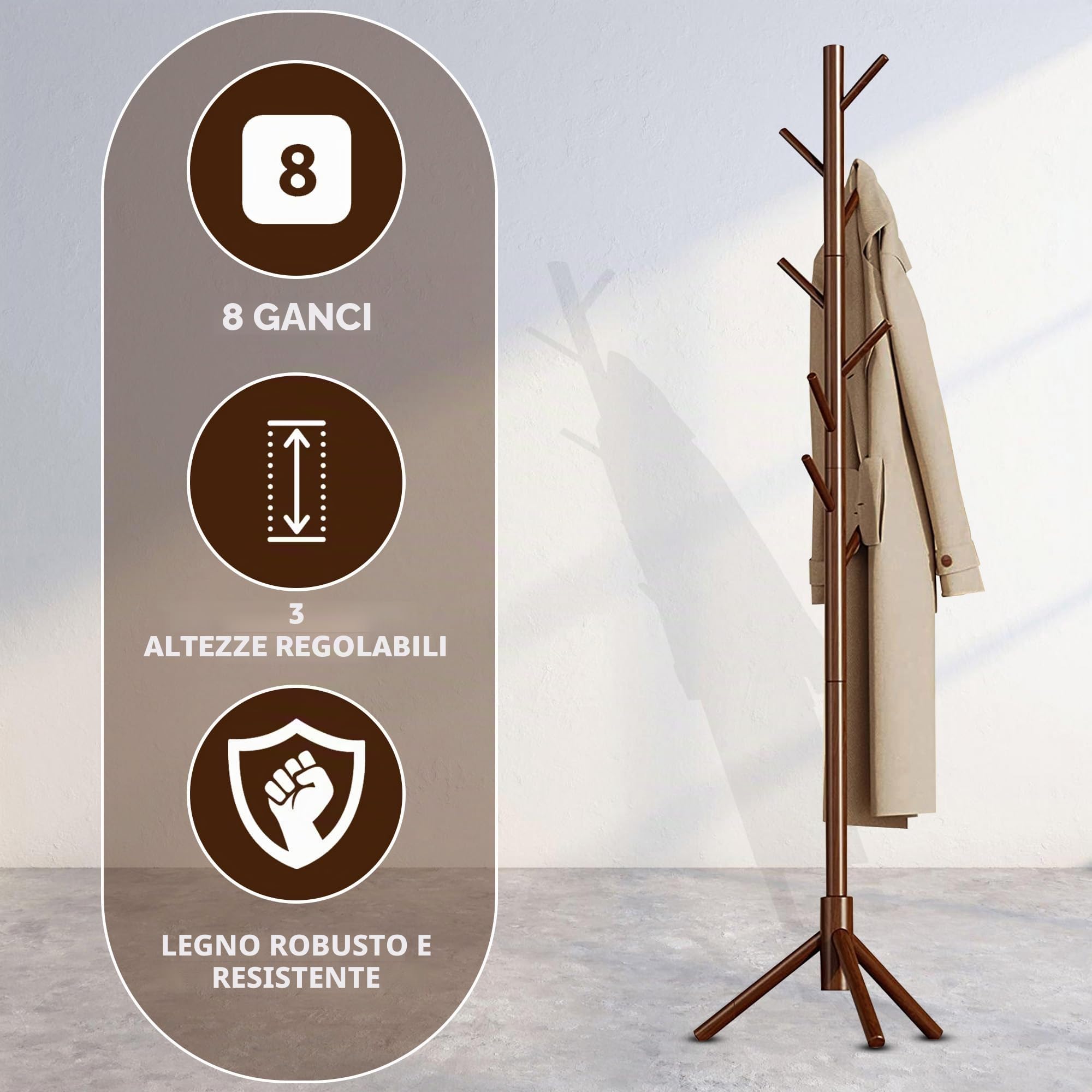 Bayt Attaccapanni da Terra Regolabile 175 cm – Appendiabiti Verticale in Legno Marrone con 8 Ganci, Design Salvaspazio e Moderno per Ingresso, Camera o Ufficio