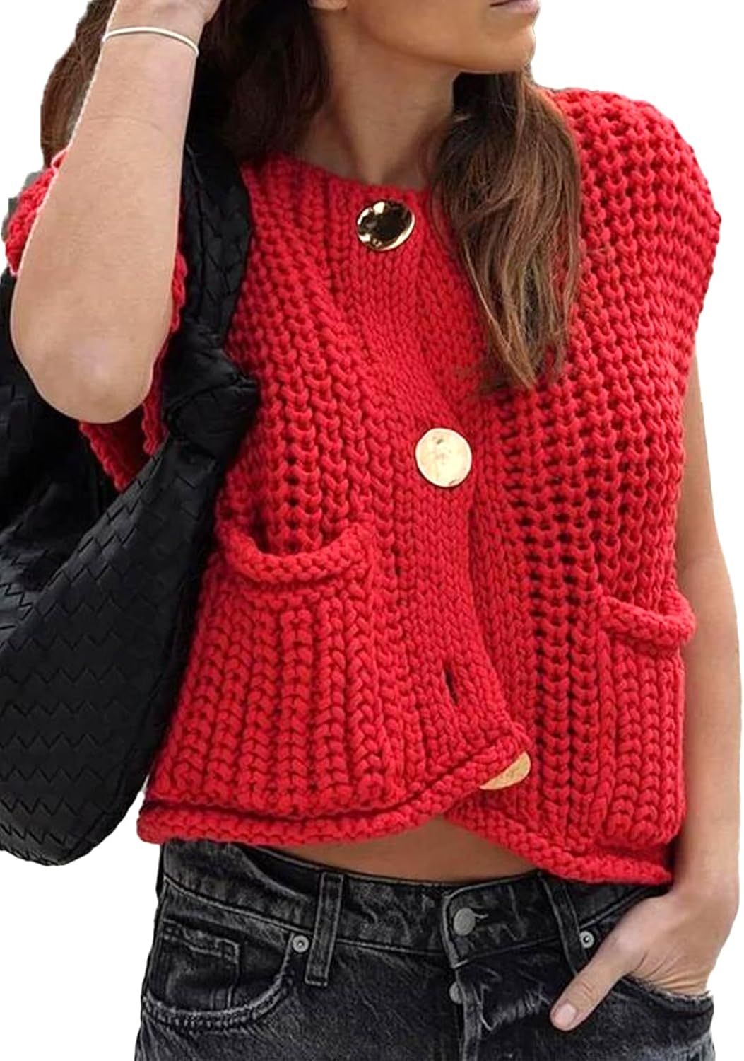 KEOMUD Women's Sleeveless Cropped Knit Cardigan Casual Button Down Crochet Sweater Vest Tops with Pockets - Image 2