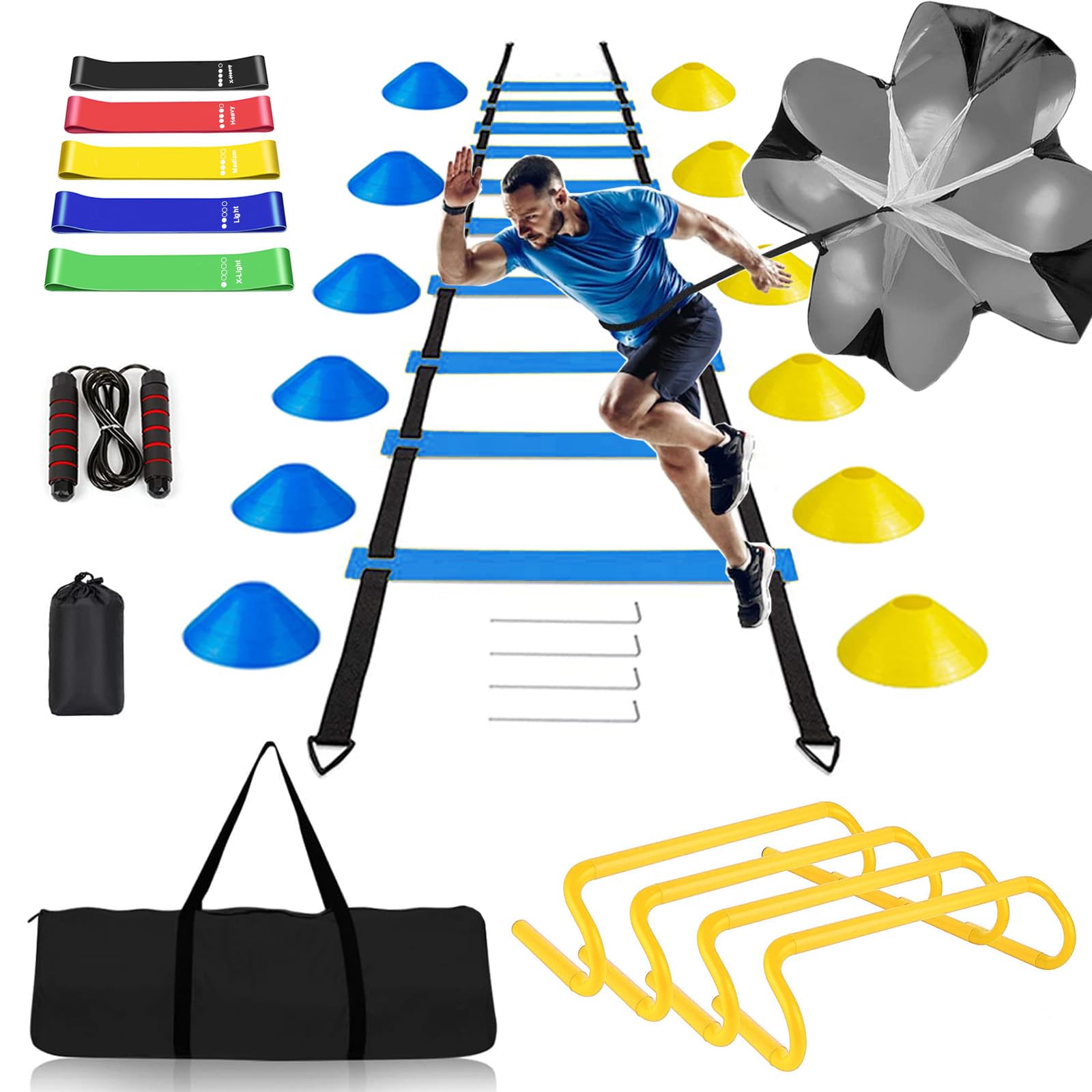 Fussball Trainingszubehör, Koordinationsleiter 6m mit 12 Hütchen, Abnehmbar Hürden, Springseil, Widerstandsbänder, Widerstandsschirm,Fussball Trainingsset,Fussball Geschenke Jungen