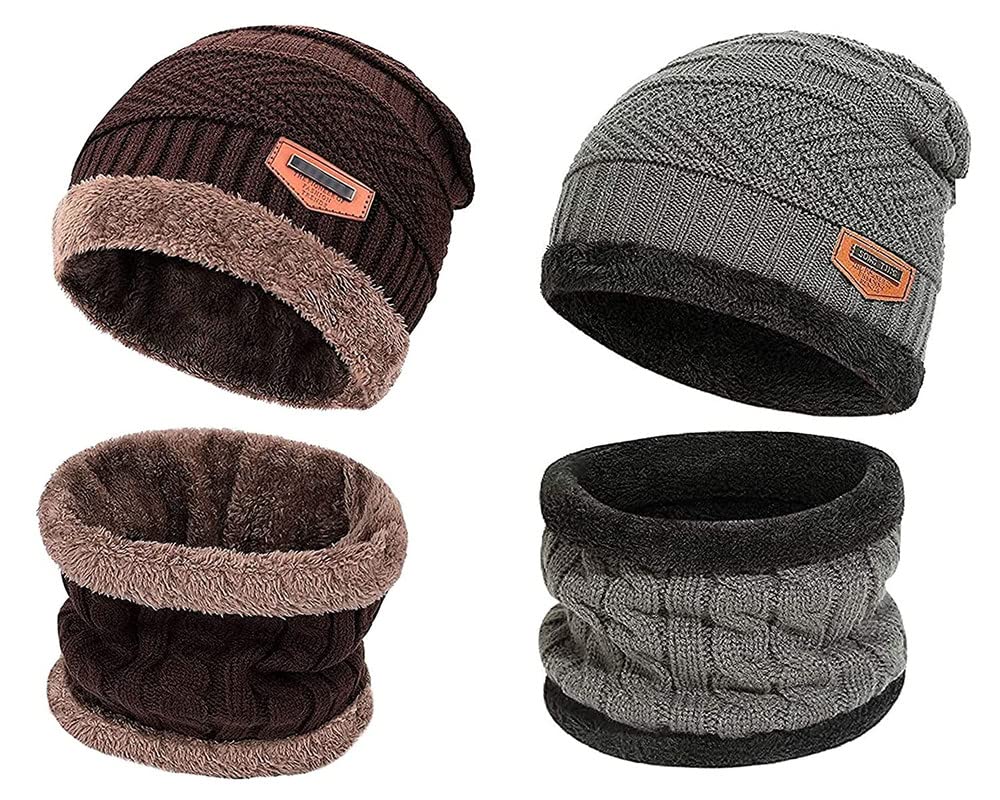 2 Pairs Men's Women's Snow Proof Inside Fur Warm Woolen Cap with Neck Muffler Warmer Scarf for Winter Free Size Beanie Cap with Neck Warmer Set(E1)-image-10