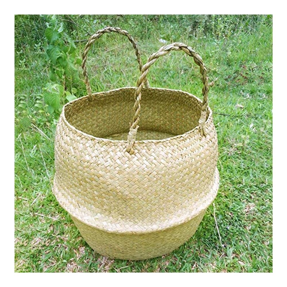 Panier de rangement tissé en jonc de mer naturel fait à la main - Panier à linge pliable en paille et rotin - Sac de plage (22 x 20 cm)