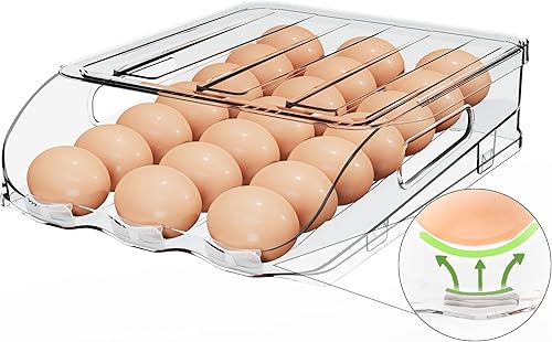 Miniatura 10 de Soporte de Huevos para Refrigerador, Dispensador de Huevos Automático de Rodamiento Estable con Parachoques de Silicona y Asa para Nevera,