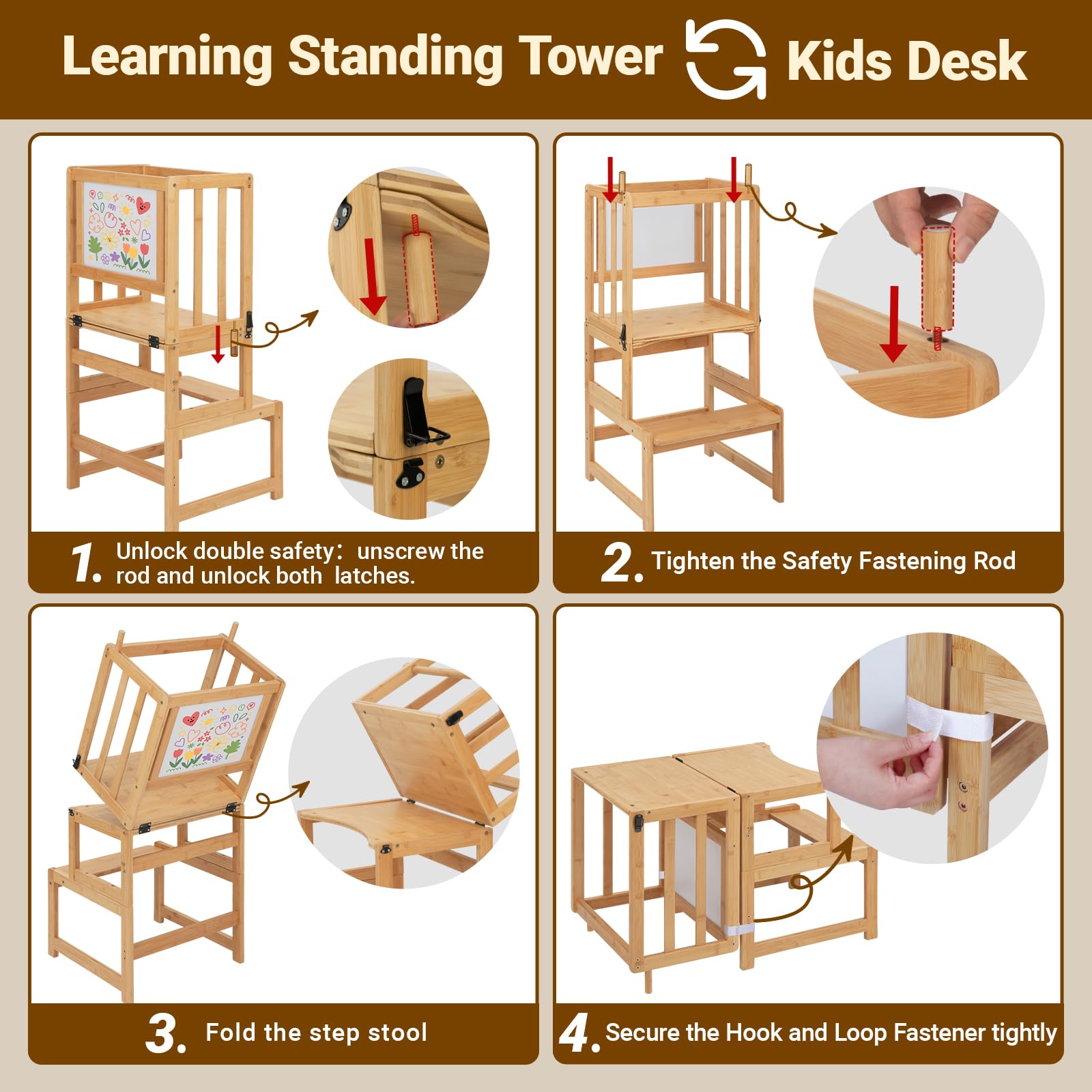 COSYLAND Sgabello da cucina 3 in 1 per bambini, torre convertibile con lavagna bianca, per bambini, bagno, cucina, bancone, aiutante per la mamma, sgabello per l'apprendimento (naturale)